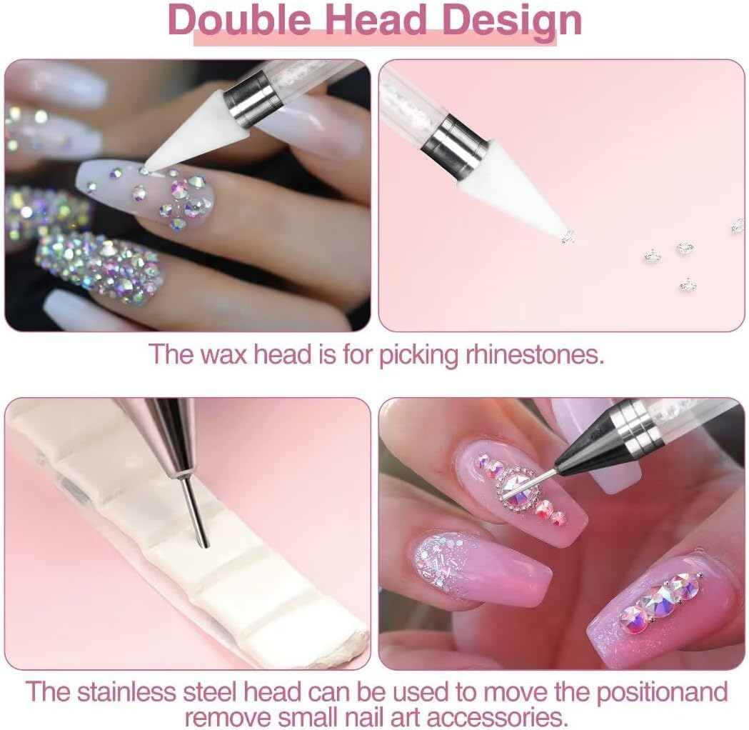 OOTDAY Rhinestone Picker Dotting Pen, 2 Extra Wax Tips, Dual End Nail Tool, Rhinestone Picker Dotting Pen for Gemstones, Crystals, Stones, White image number 6