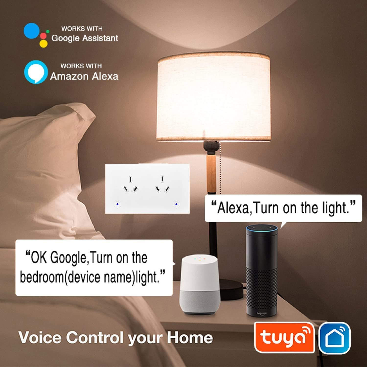 Smart Wall Socket 16A, Wifi Wall Outlet 2AC Individual Controls, Smart Plug Smart Power Point GPO, Voice Control Compatible with Alexa & Google Assistant, Timer Schedule, Overload Protection(1 Pack)