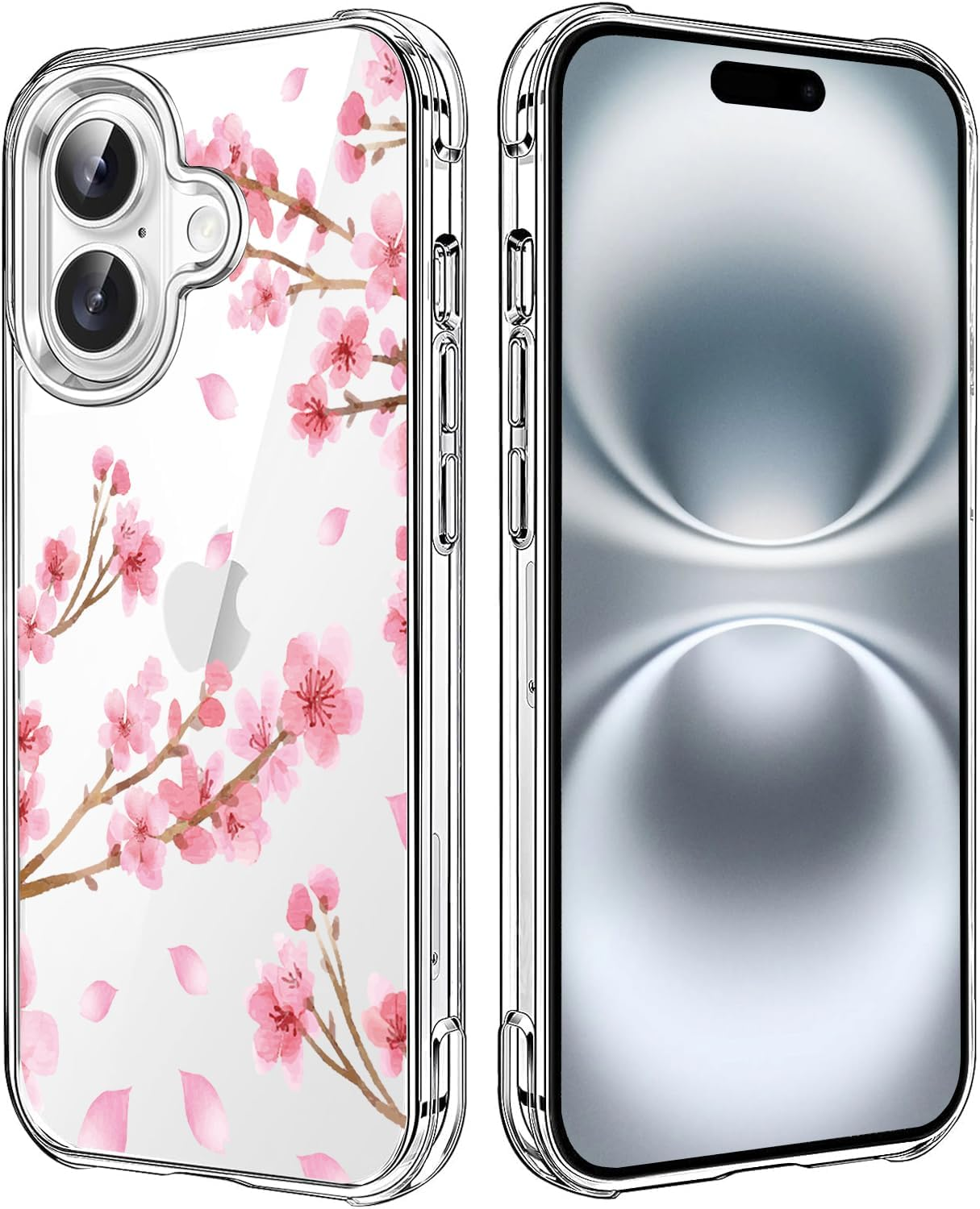 HEYORUN Cherry Blossom Clear Case Compatible with Iphone 16, Sakura Girls and Women Floral Back Case Cover, Pink Flower Transparent Flexible TPU Bumper Shockproof Protective Case