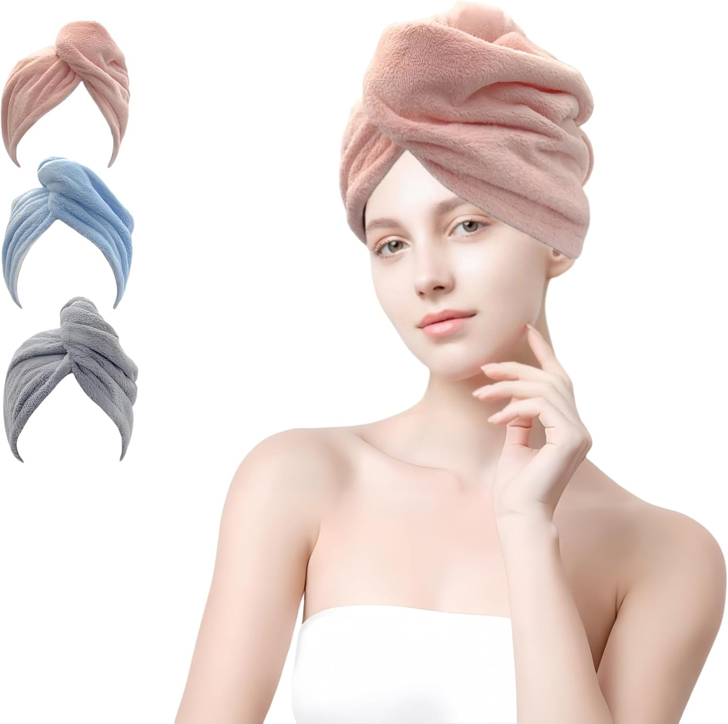 Castaic 3Pcs Microfiber Hair Towel Wrap, Hair Drying Towel with Button Design for Curly, Long & Thick Hair anti Frizz, Super Absorbent Twist Turban for Women (Gray+Pink+Blue) image number 2