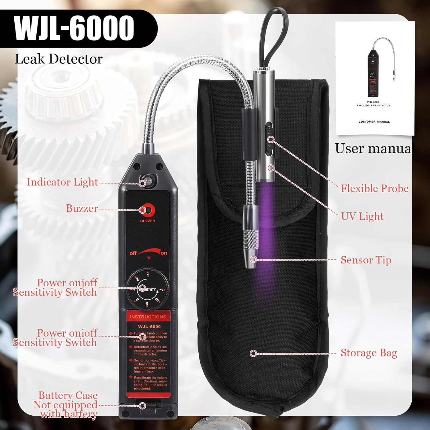 Glooglitter Auto Air Conditioner Leak Detector Tool WJL-6000 Refrigerant Leak Detector with UV Flashlight and Yellow UV Protective Glasses for HVAC Air Conditioner R22 R410A R134A (Large 28 LED) image number 1