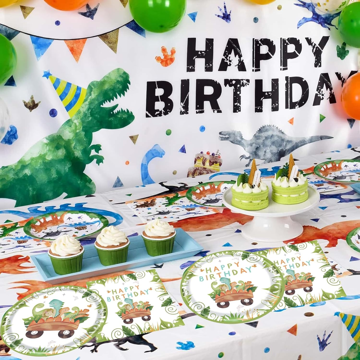 Dinosaur Birthday Party Supplies and Baby Shower Decorations - Tableware Set with Plates, Napkins, Cups for Dino Happy Birthday Theme - Serves 16
