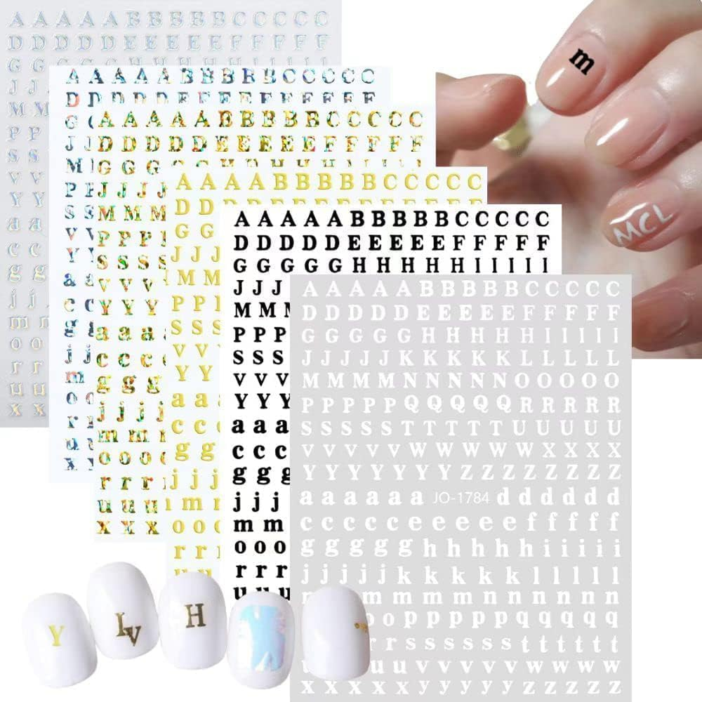 Geiwogwc 6 Sheets Acrylic Alphabet Letter Nail Stickers, 3D Laser Nail Art Decals with Uppercase & Lowercase Letters for DIY Manicure