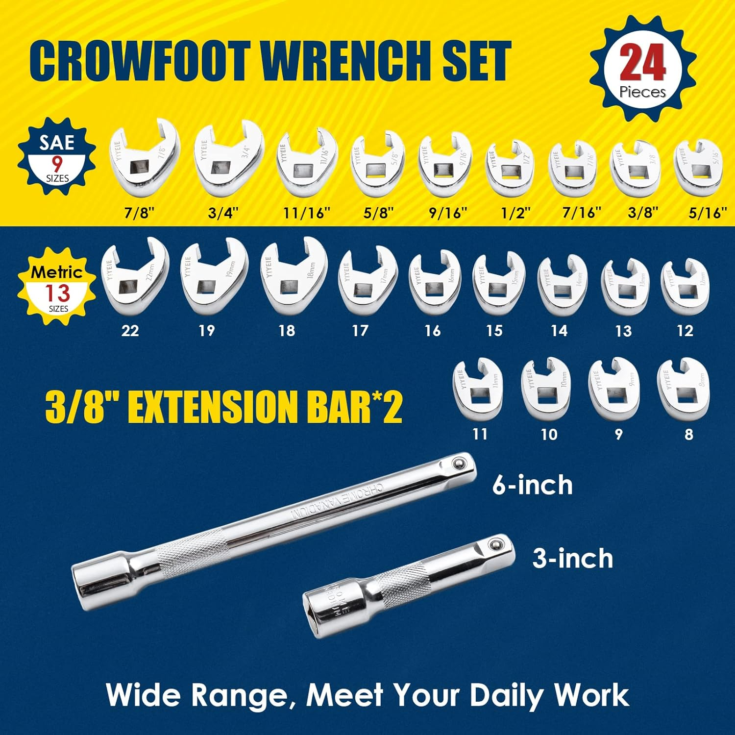 YIYEIE 3/8" Drive Crows Foot Wrench Set, 24PCS Flare Nut Crowfoot Wrench Set, Metric & SAE, 8-22Mm & 5/16"-7/8", CR-V Steel, Crows Feet Wrench Set with 2 Extension Bars, Line Wrench Set with EVA Foam image number 5