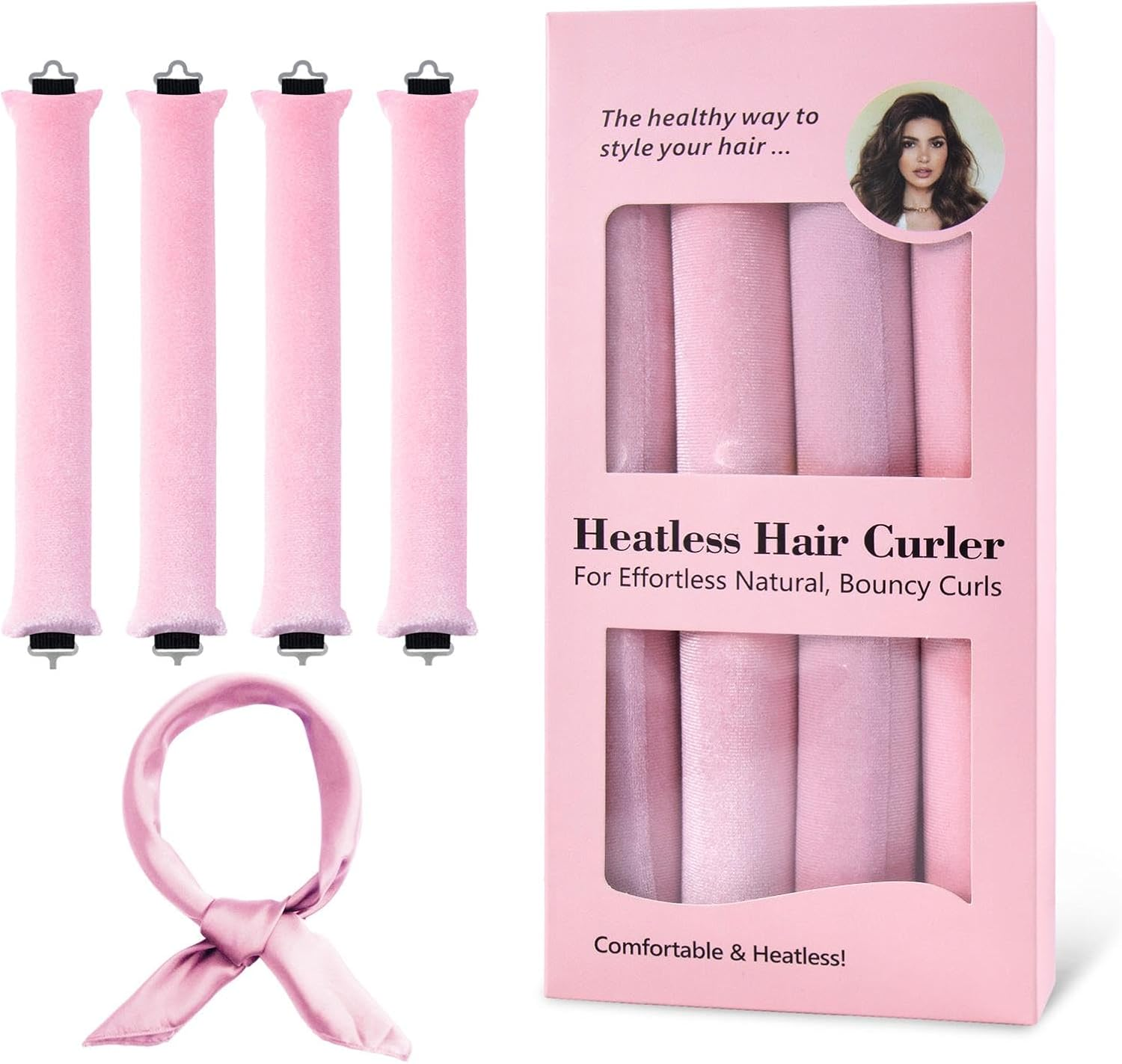 Heatless Hair Curler Rod Headband for Hair Styling, Sleep Overnight Heatless Curling Rollers Set Styling Tools, 4 Pack Pink Curling Rods with One Silk Head Scarf image number 6