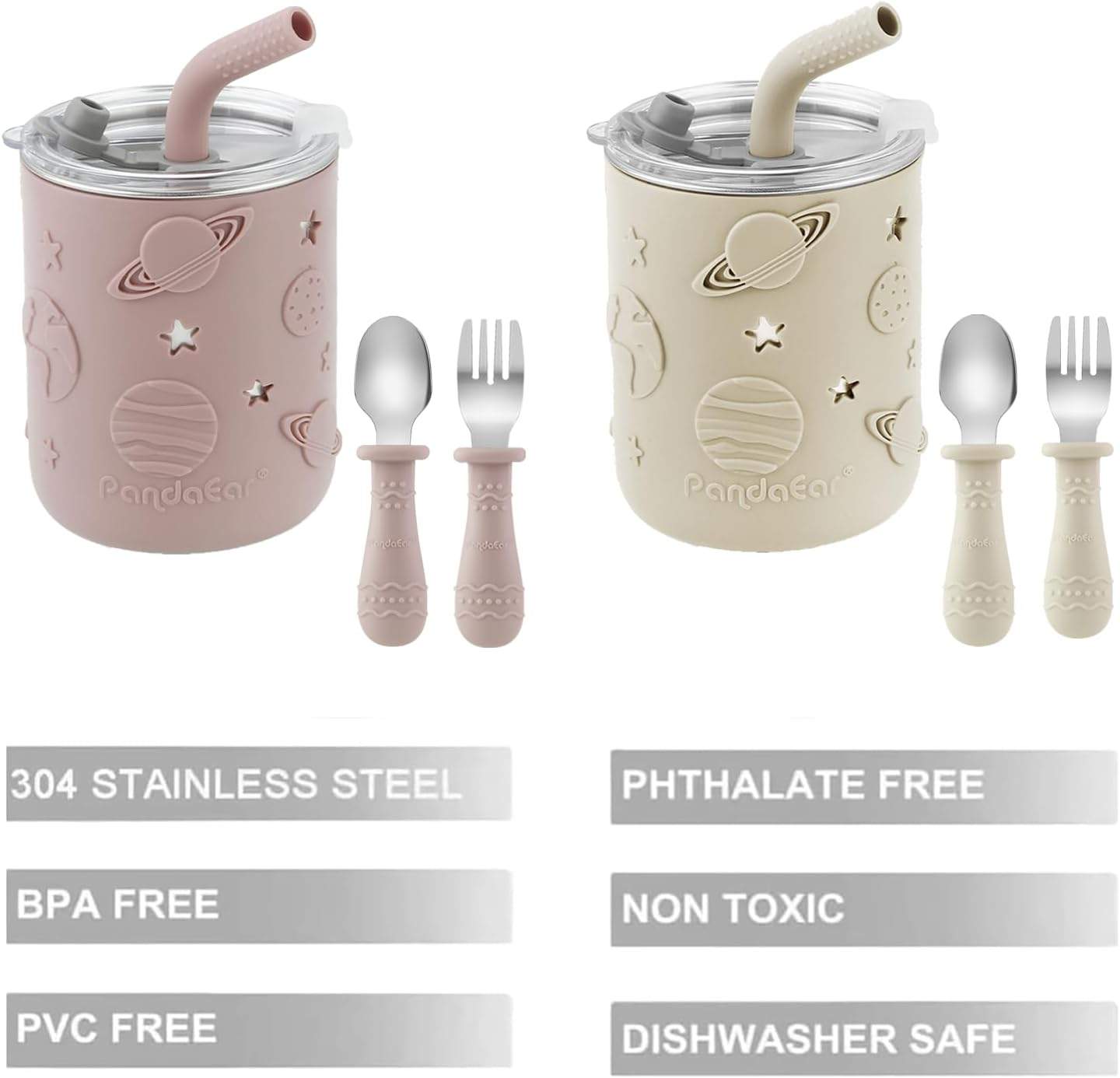 Pandaear 2 Pack Stainless Steel Sippy Cups with Straw and 2 Spoons 2 Forks image number 4