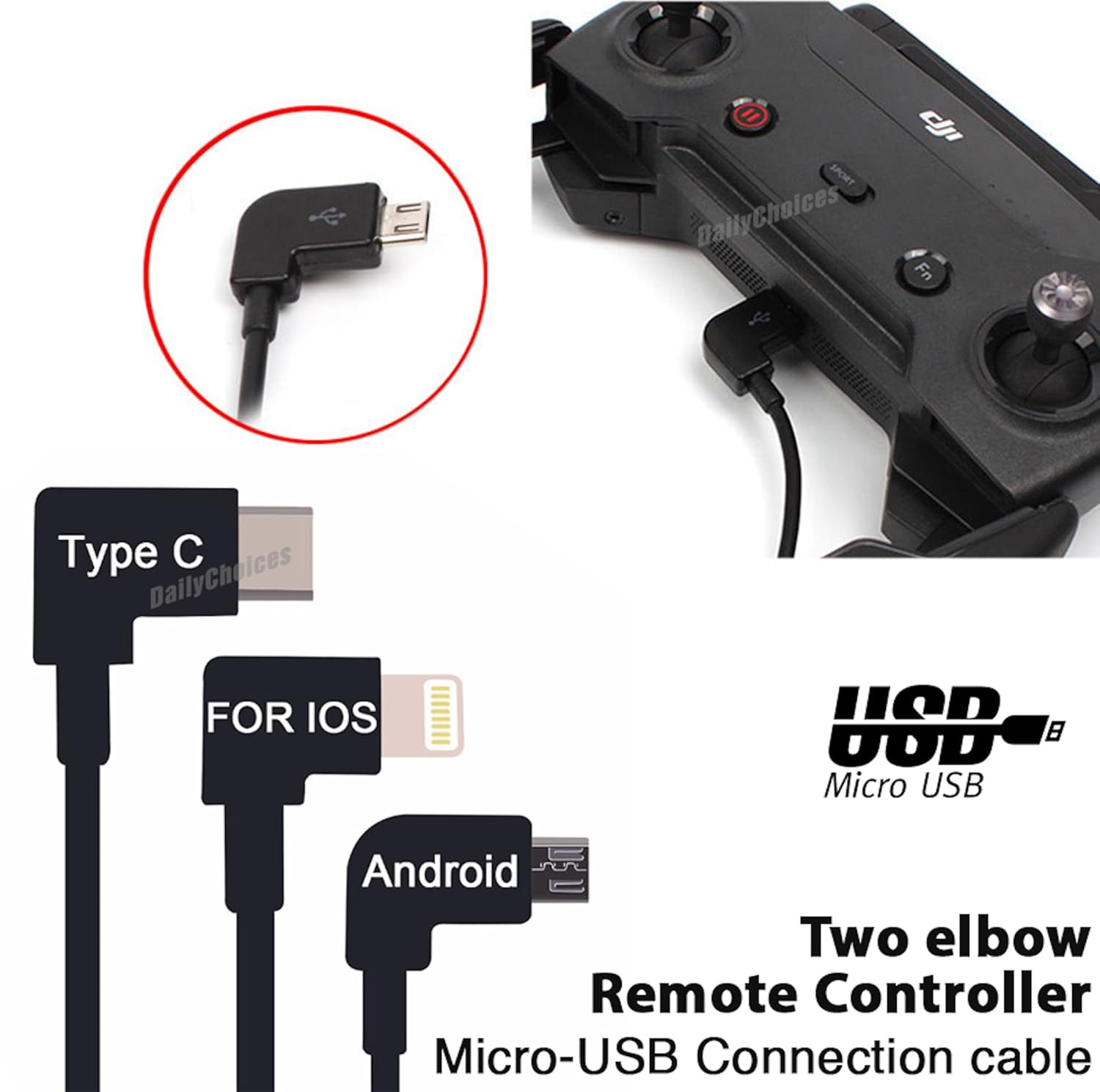 30Cm Micro USB to Micro USB Remote Controller Cable for DJI Mavic Mini,Mini Se,Mavic 2 Pro/Zoom,Mavic Air,Mavic Pro, Spark, DJI Drone to Phone/Tablet 90 Degree OTG Data Cord (Micro USB Connector) image number 1