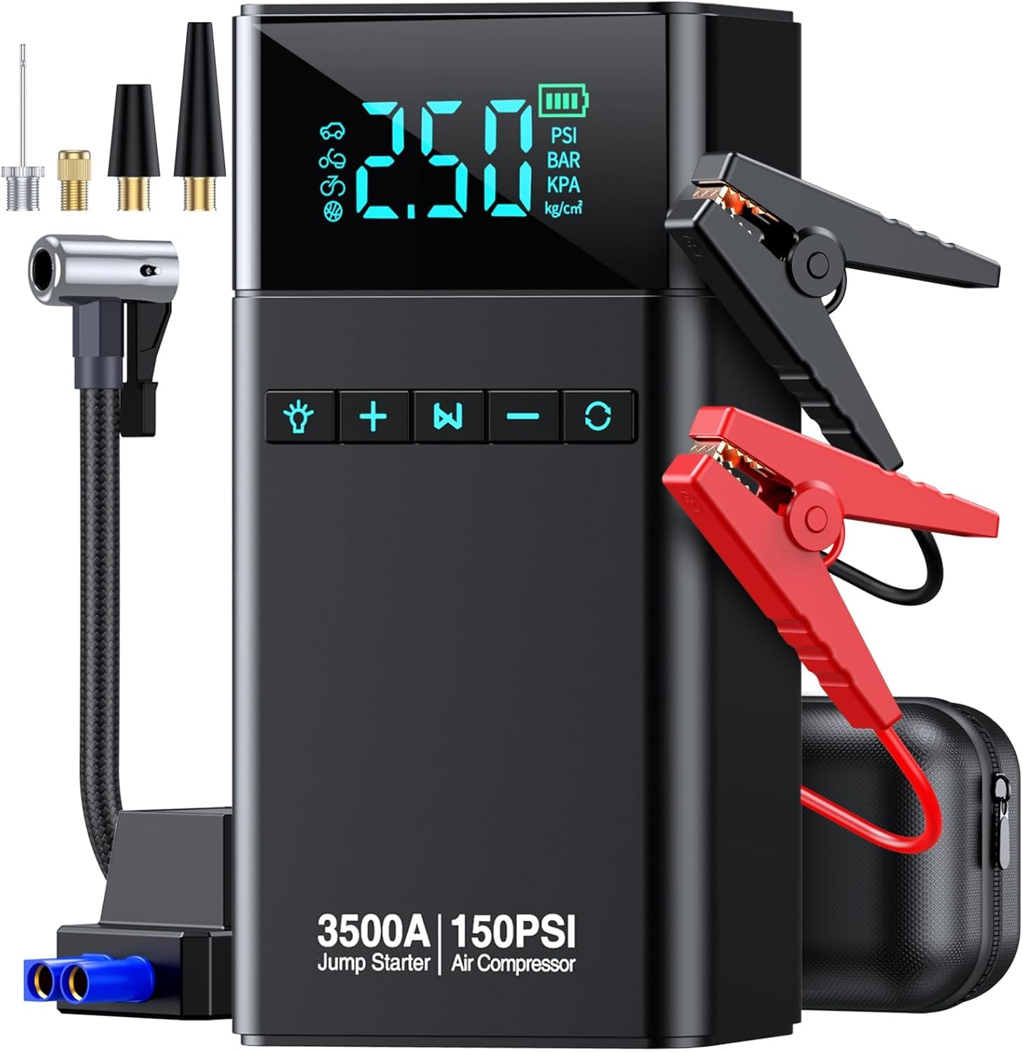 Koeay Portable Car Jump Starter with Air Compressor, 3500A 150PSI Car Battery Jump Starter Battery Pack (All Gas/10L Diesel), 12V Car Jump Box Car Battery Jumper Starter, Large LCD Display, 2 Lights