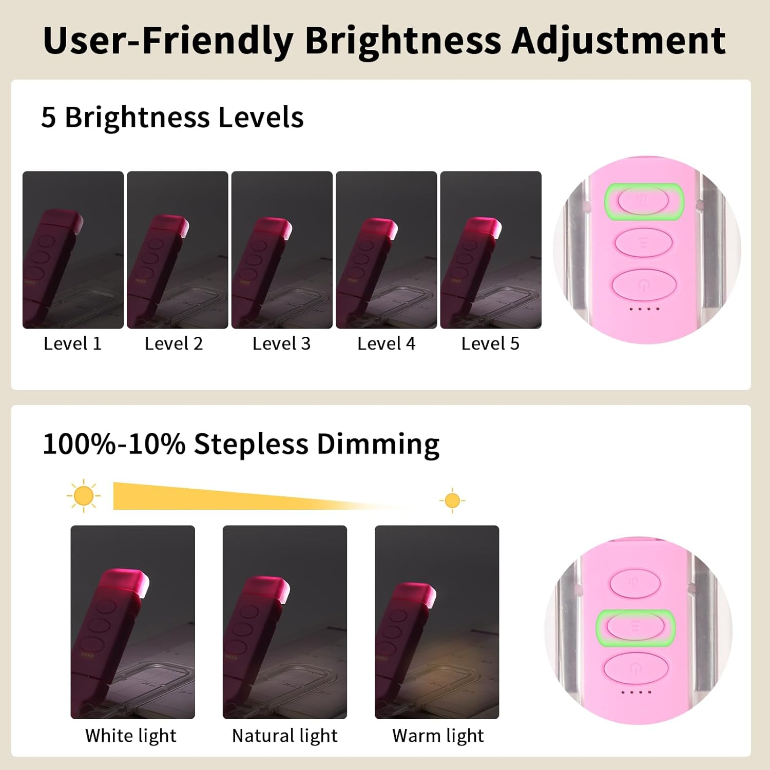 Bsdgeclogy Clip on Book Light, USB Rechargeable Reading Light with 3 Color Modes, 5 Brightness Levels, Flexible Clamp Arm for Bed and Travel(Pink, Clip On) - Blue image number 4