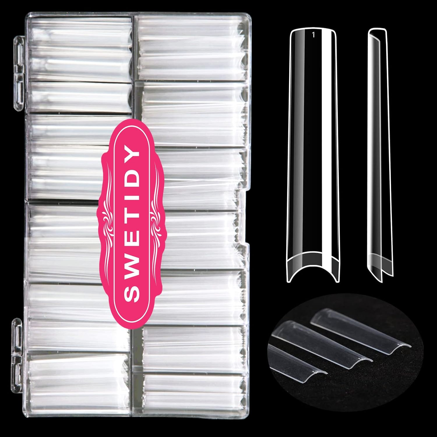 No C Curve 3XL Long Square Nail Tips for Acrylic Nails Professional, SWETIDY 360PCS Clear Straight Flattened Half Cover False Nails Tips with Case for Nail Salons and Home DIY, 12 Sizes