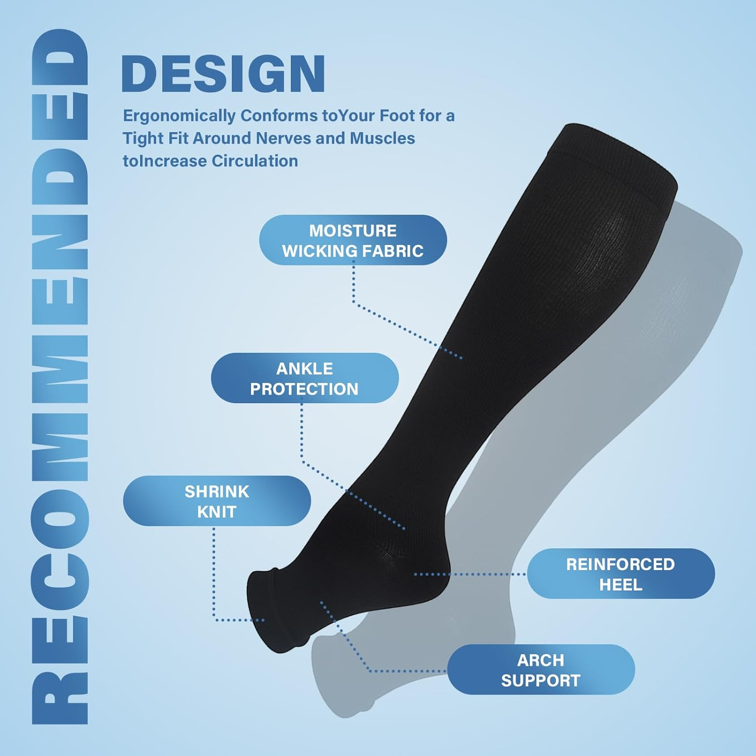 Viiotu Open Toe Compression Socks for Men & Women - 2 Pairs 15-20 Mmhg Knee High Flight & Travel Socks for Circulation Support