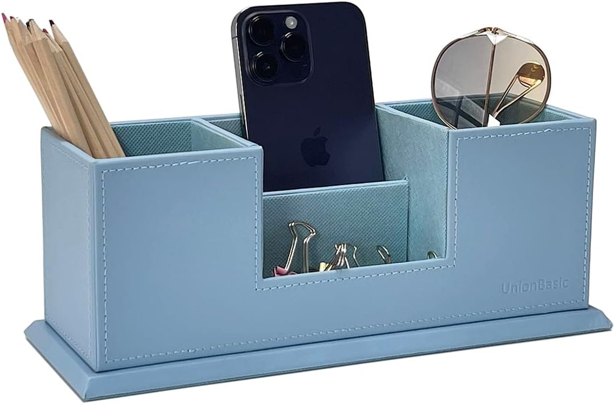 Unionbasic PU Leather 4 Compartment Desk Organizer Card/Pen/Pencil/Mobile Phone Office Supplies Holder Collection Desktop Organizer (Black)