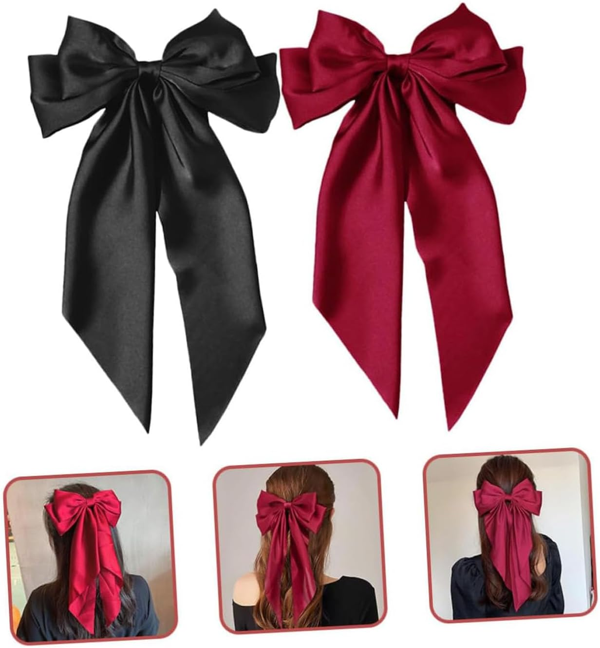 2Pcs Bows Long Ribbon Hair Clips for Women and Girls, Elegant Barrettes with Black and Wine Red Ribbons, All-Day Hold Hair Accessories for Daily Wear image number 1