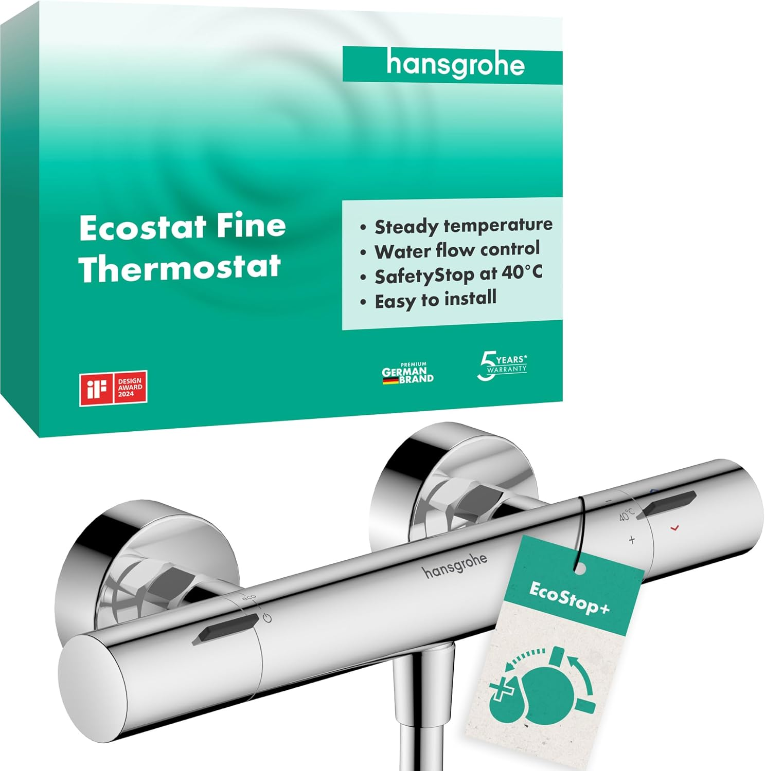 Hansgrohe Ecostat Fine - Shower Thermostat Exposed with Ecostop+, Thermostatic Shower Mixer with Safety Stop at 40 &deg;C, Thermostat for Showers, Mixer Tap for 1 Function, Chrome, 13324000
