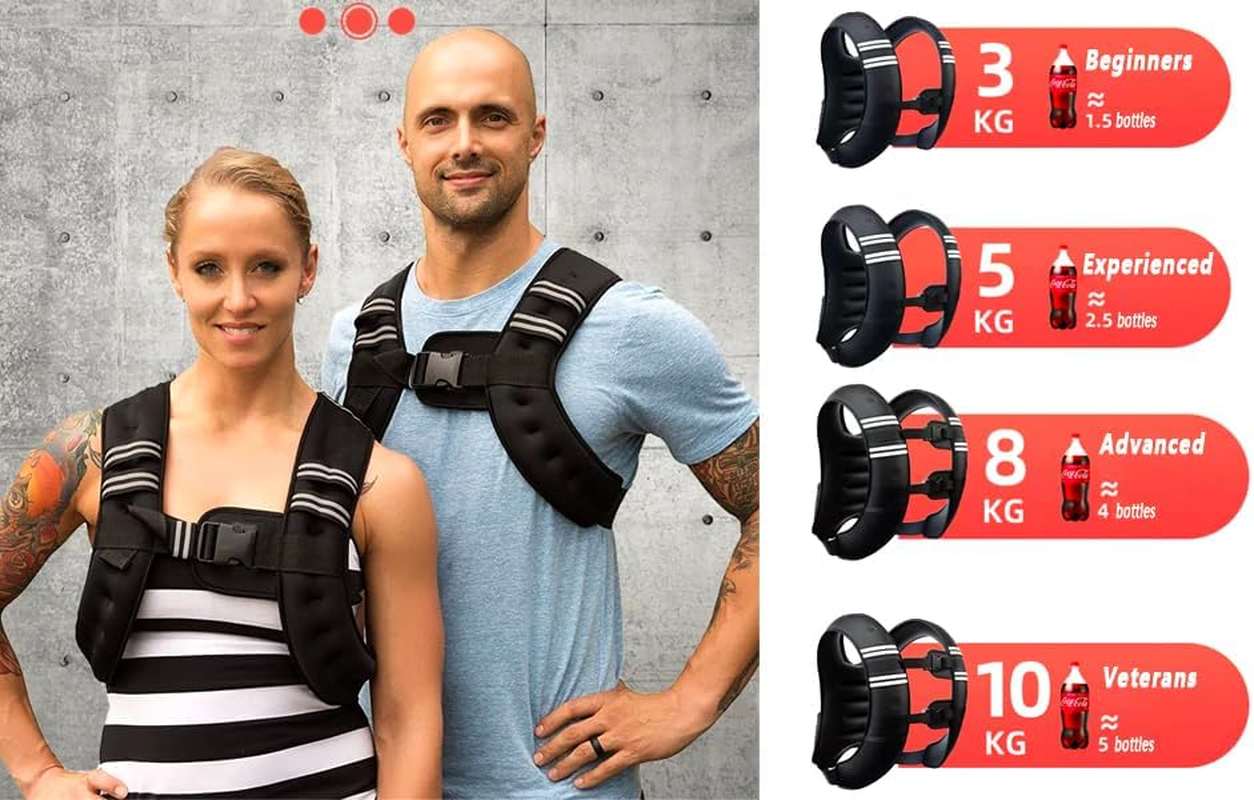 Weighted Vest, 3Kg 5Kg 8Kg 10Kg Weight Workout Vest with Reflective Stripe for Women, Men, Strength Training, Running, Fitness, Walking, Weight Loss, Training