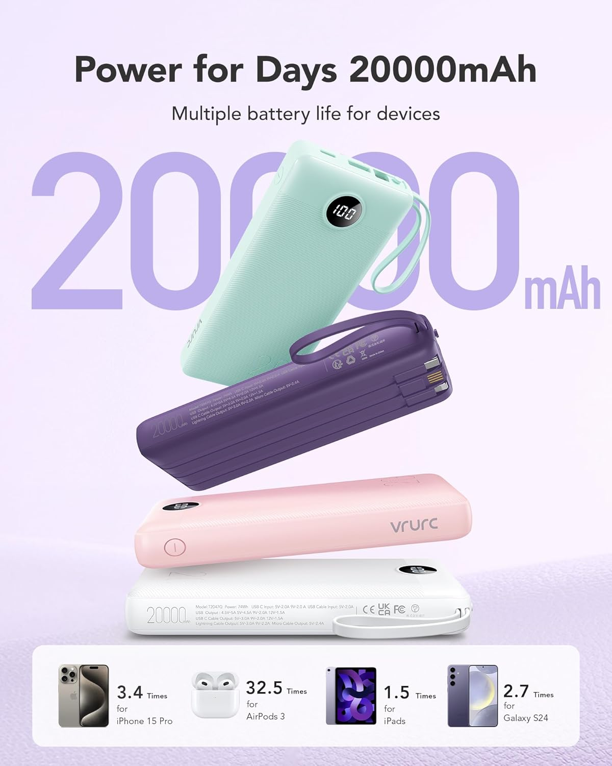 Portable Charger 20000Mah, Fast Charging Battery Pack 22.5W USB C, VRURC Phone Power Bank with 4 Built-In Cables, 4 Output 2 Input LED Display Compatible with Iphone Samsung,Tablet,Purple image number 2