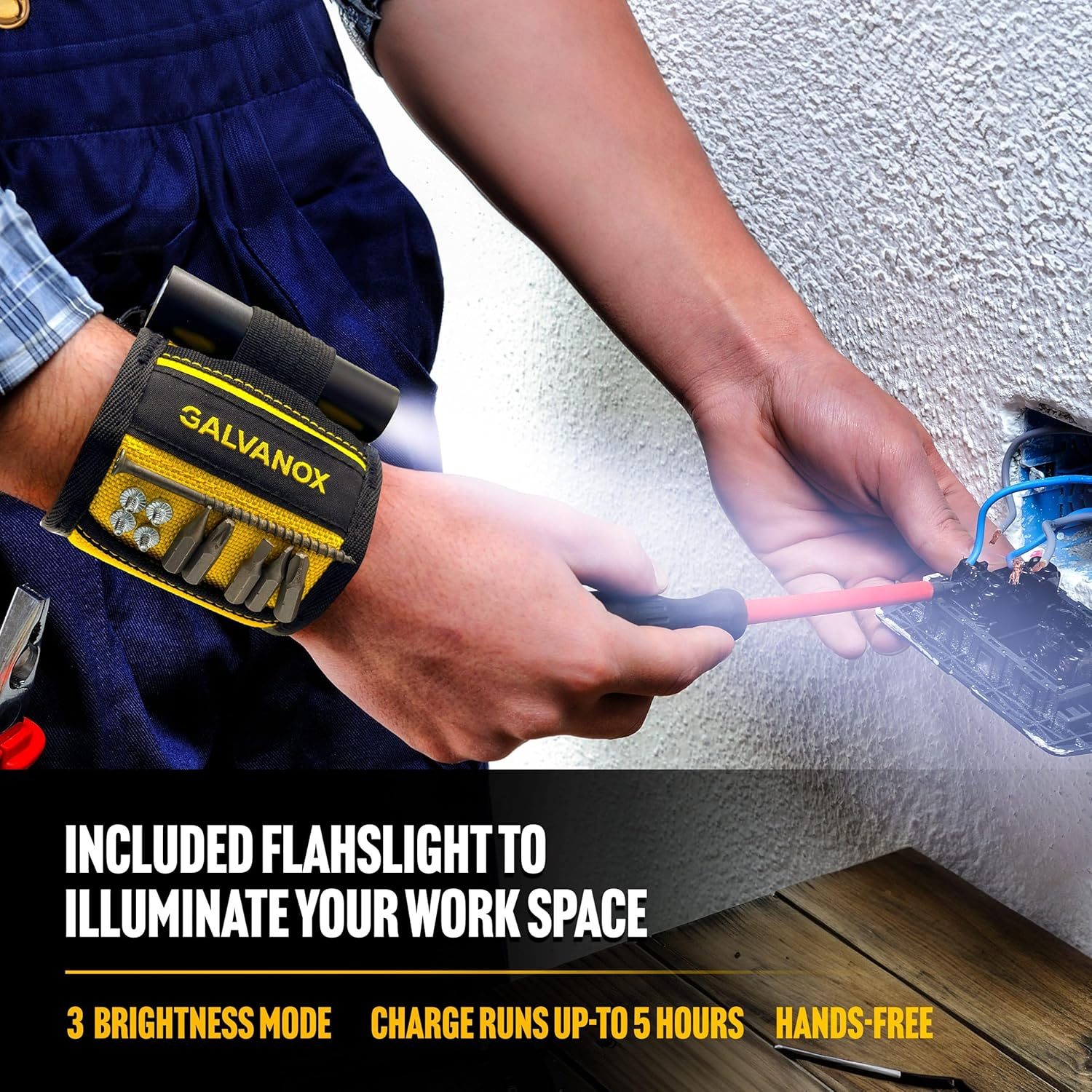 Galvanox - Magnetic Wristband with Hands Free Work Light (3 Modes) for Holding Screws, Nails and Drill Bits, Durable Nylon with Powerful Magnets, Tool Gift for Men, Dad, Husband, image number 4