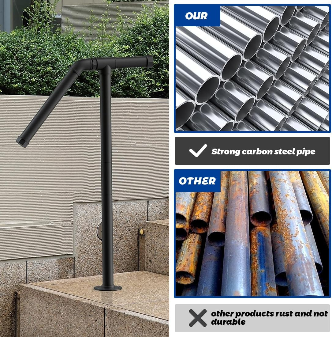 REASOR Outdoor Stair Railing Handrail for 1-2 Steps, Single Post Wrought Iron Rail for Concrete or Wooden Stairs, Black Powder Coated, 25Mm Diameter, Supports up to 100Kg image number 6