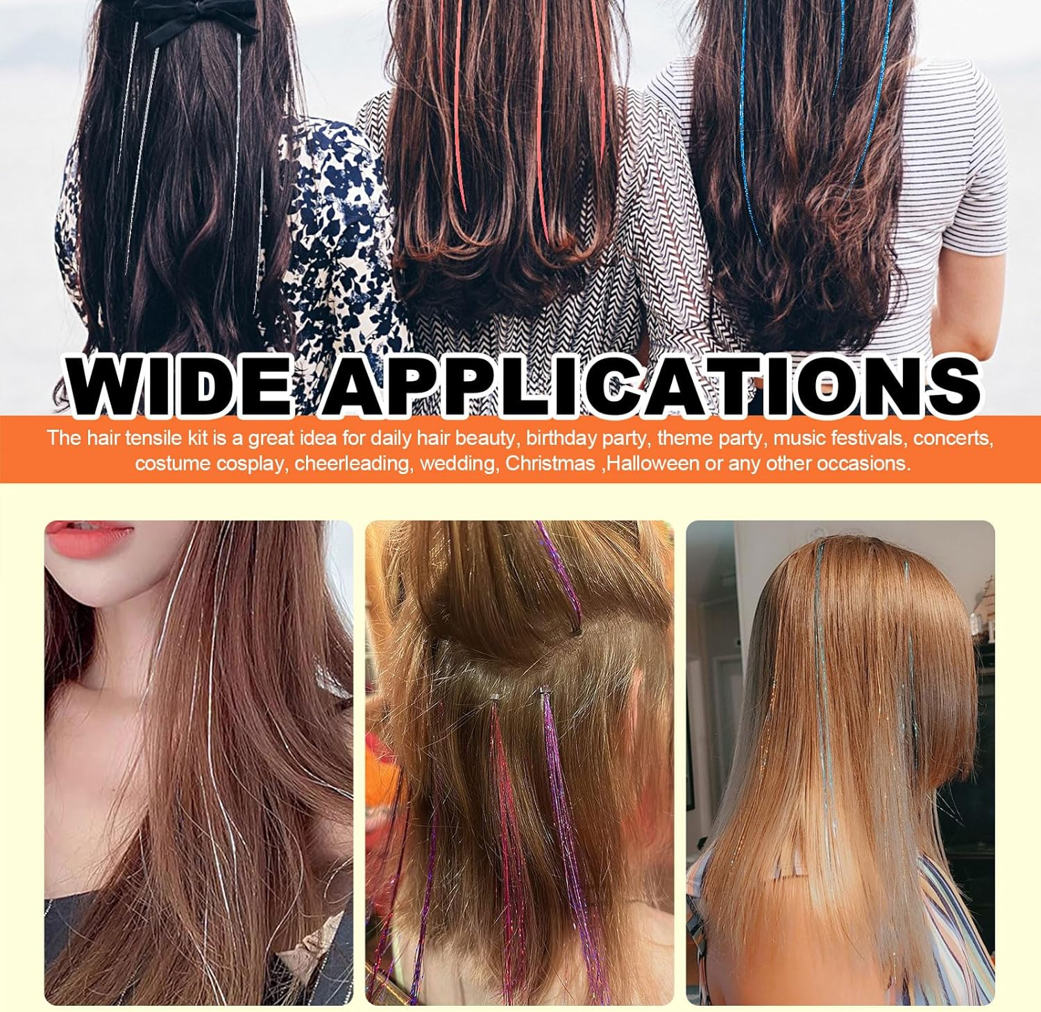 Tanstic 214Pcs Hair Tinsel Kit, 12 Colors 2400 Strands Tinsel Hair Extensions Glitter Hair Extension Sparkling Hair Tinsel Heat Resistant with Tools for Christmas, New Year, Party(47 Inches) image number 3