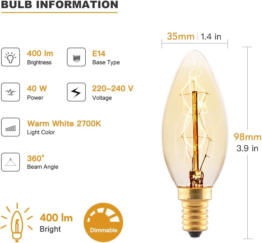 6 Pack Vintage E14 Candle Light Bulbs 4̣0̣Ẉ, Dimmable E14 Small Screw Bulbs, Vintage Edison Screw Bulb, Warm White 2700K image number 6
