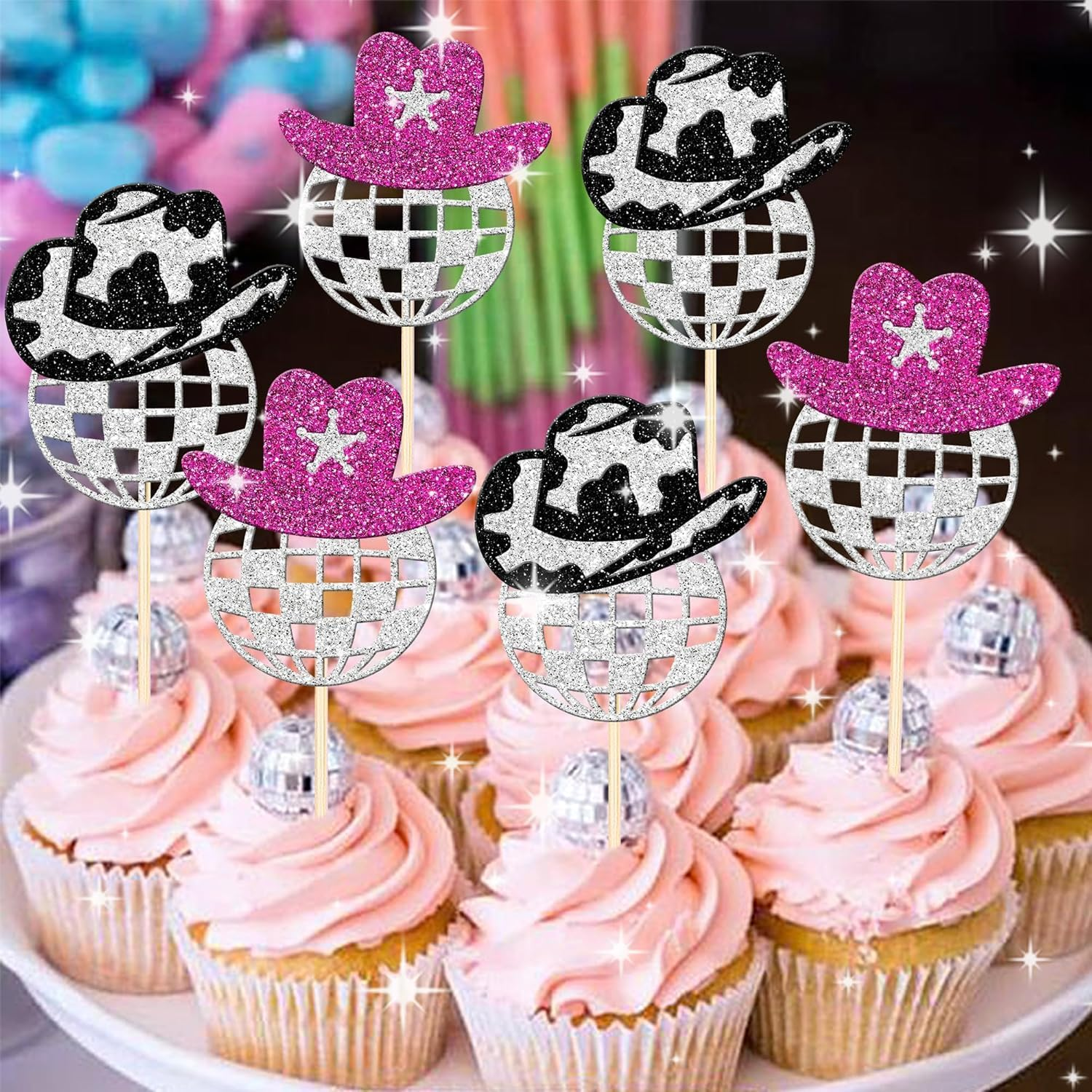 24 Pack Sparkling Disco Ball Cupcake Toppers Western Cowboy Hat Cupcake Picks Cowgirl 70S Disco Balls Cupcake Decorations for 1970S Music Disco Theme Birthday Party Cake Decorations Supplies (#1) image number 6