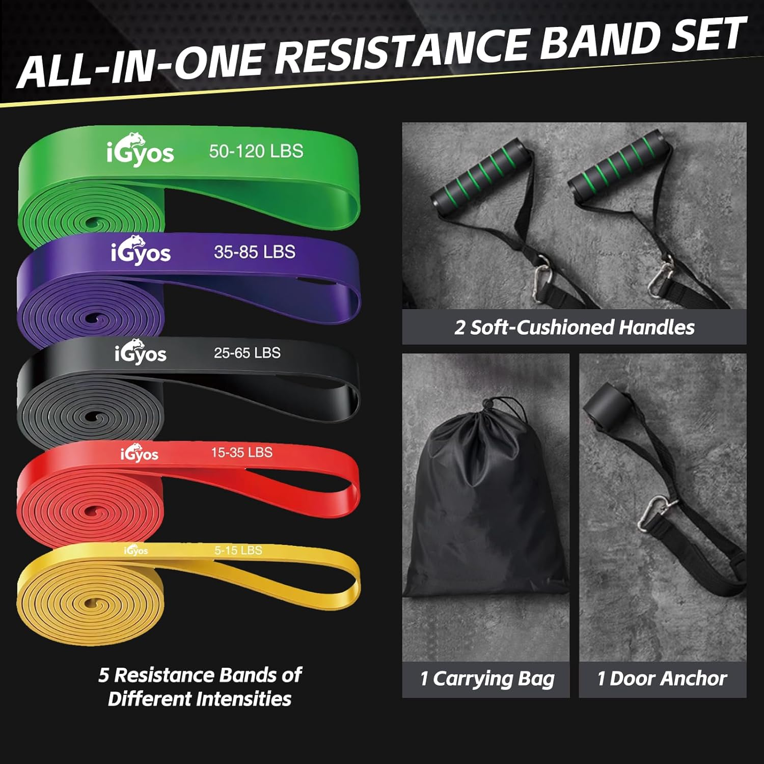 Igyos 9 Pcs Resistance Bands Set, 5-Level Exercise Bands with Handles & Door Anchor, Workout Bands for Strength Training, Physical Therapy, Home Gym Fitness Equipment for Men and Women image number 1