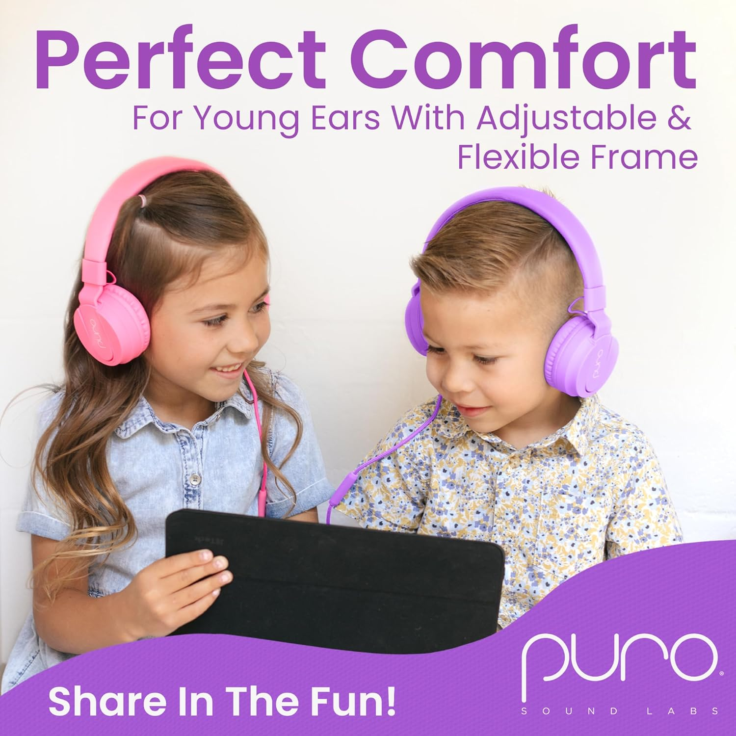 Puro Sound Labs Purobasic Volume Limiting Wired Headphones for Kids, Boys, Girls 2+ Foldable & Adjustable Headband W/Microphone, Compatible with Ipad, Iphone, Android, PC & Mac, Purple image number 3