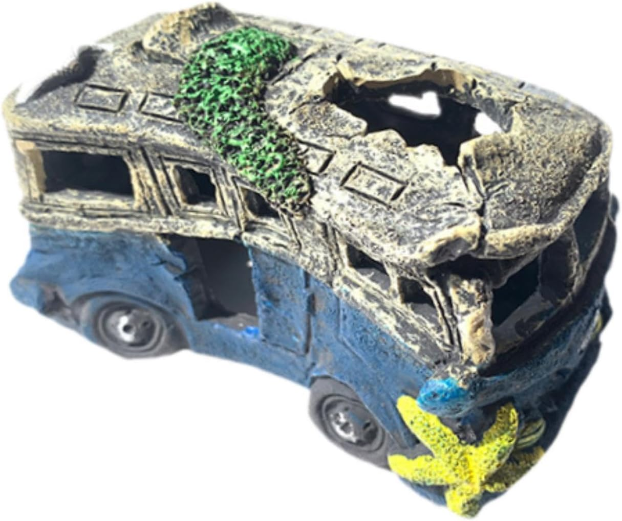 Fzaqwen Fish Tank Ornament Featuring Auto Wreck for Betta and Prawn, School Bus