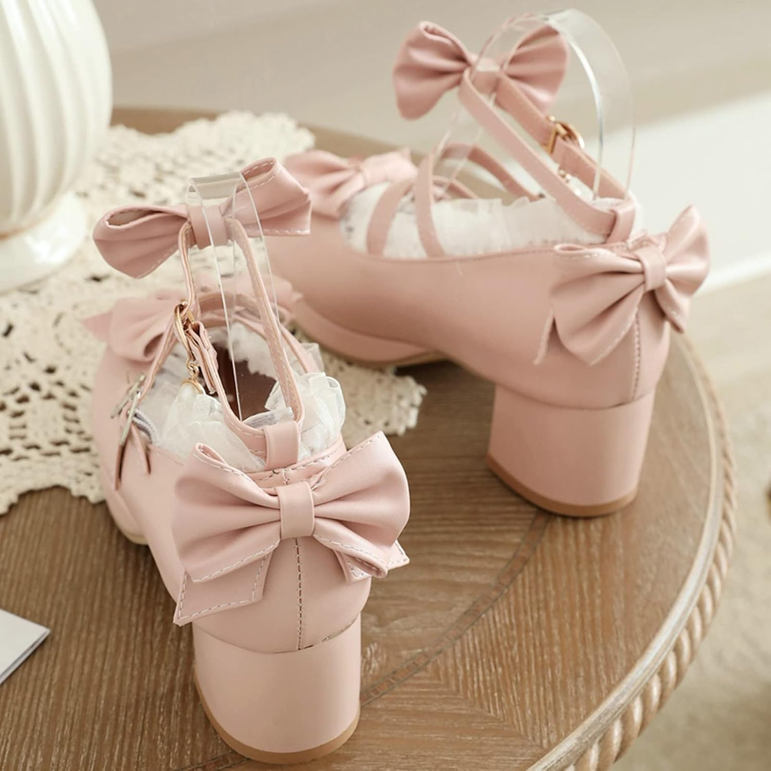 LUXMAX Women Cute Shoes Kawaii Pumps Mid Block Heel Mary Janes Platform Sweet Cosplay Dress Shoes Strappy Ankle Strap Pumps with Bow image number 2