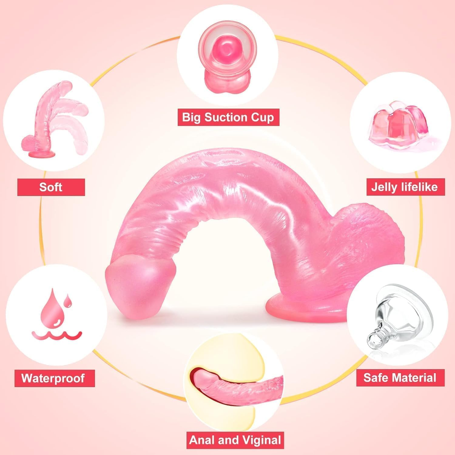 20CM Realistic Classic Pink Dildo Eye-Catching Flexible Silicone Toy, Smooth Super Soft Rod Bendable with Super Suction Cup (Pink Suction Cup) image number 6