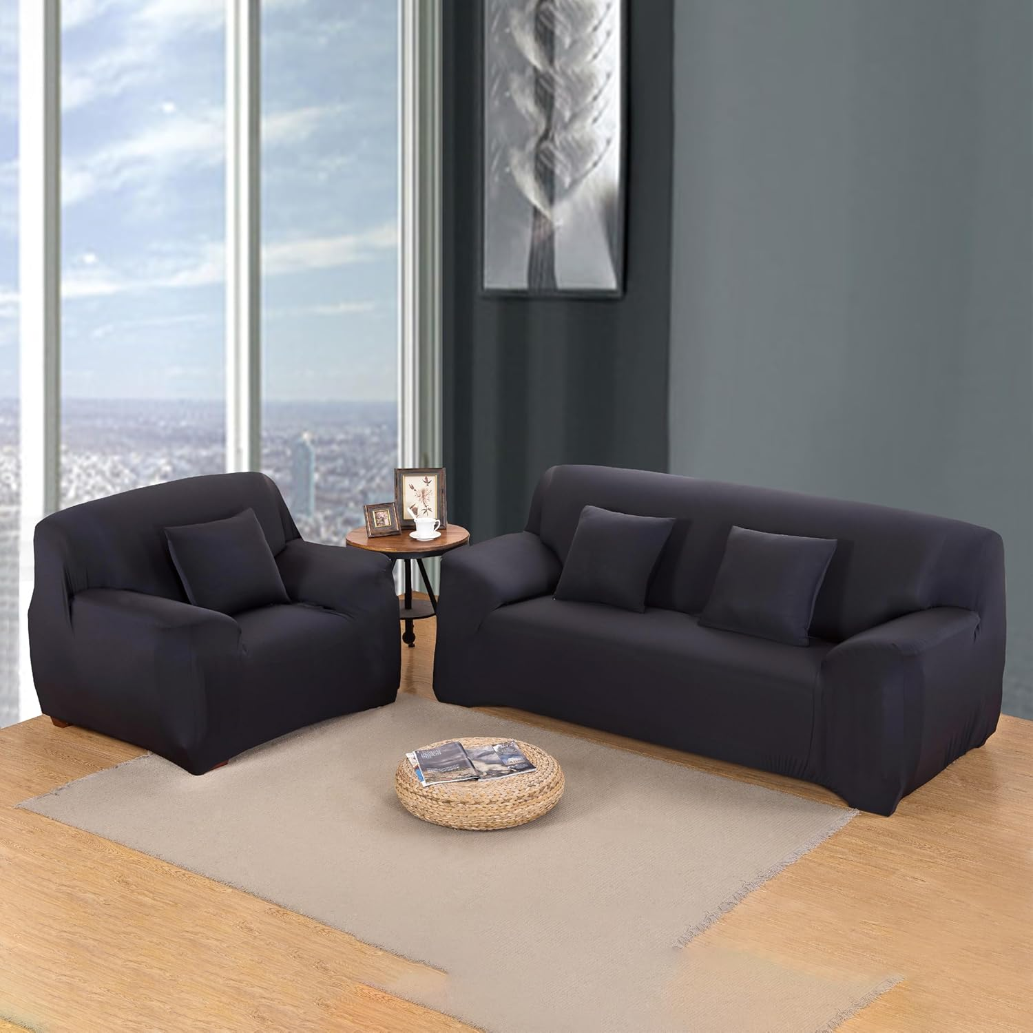 Plain Colour Sofa Cover (Black, 1 Seater) - Highly Stretchable 3 Seater Couch Cover, L Shape Lounge Protector, Durable and Stylish Sofa Covers for Living Room