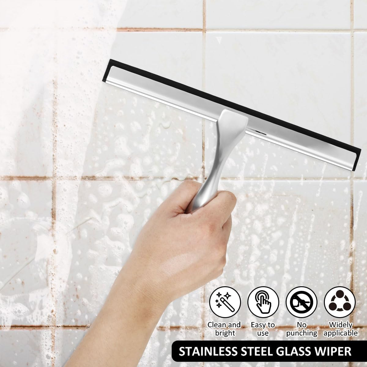 Shower Squeegee with Suction Cup Stainless Steel Window Squeegee Window Glass Wiper Scraper Cleaner with Silicone Blade for Bathroom/Kitchen/Car Glass, 10-Inch (Silver) image number 6