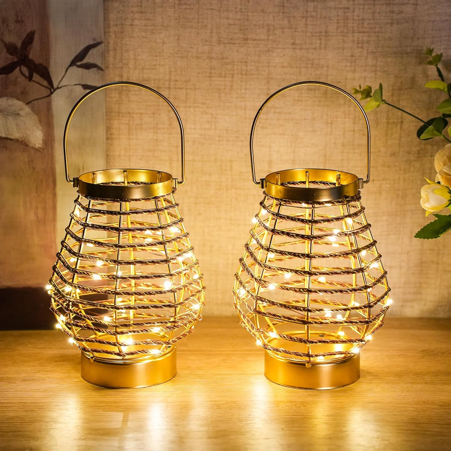 TRIROCKS Metal Table Lamp, Wireless Table Lamp, 19.5Cm High, Set of 2 Cage LED Lanterns with Battery Operated and 6 Hour Timer, Vintage Decoration Lights for Indoor Outdoor Bedroom Wedding image number 1