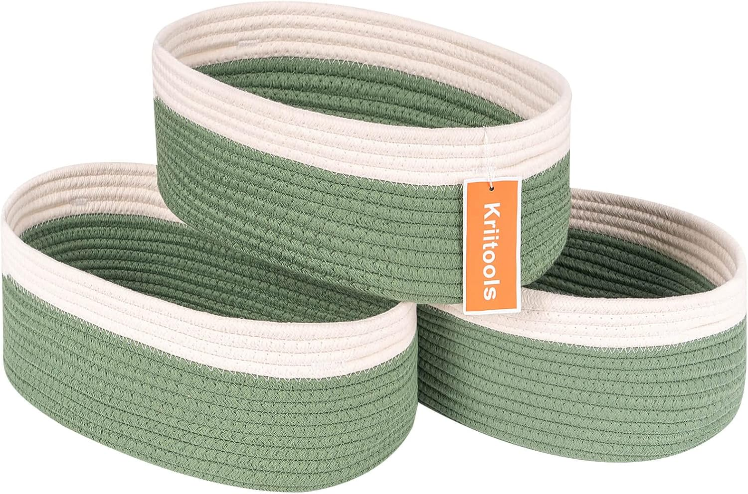 Kriitools Shelf Storage Baskets for Organizing|Cute Basket for Closet&Blanket Storage|Small Woven Baskets to Store Toys,Books,Etc.-13X8.66X5.11&rsquo;&rsquo; Cotton Rope,Stylish,Oval 3 Packs off White&Green - Black image number 5