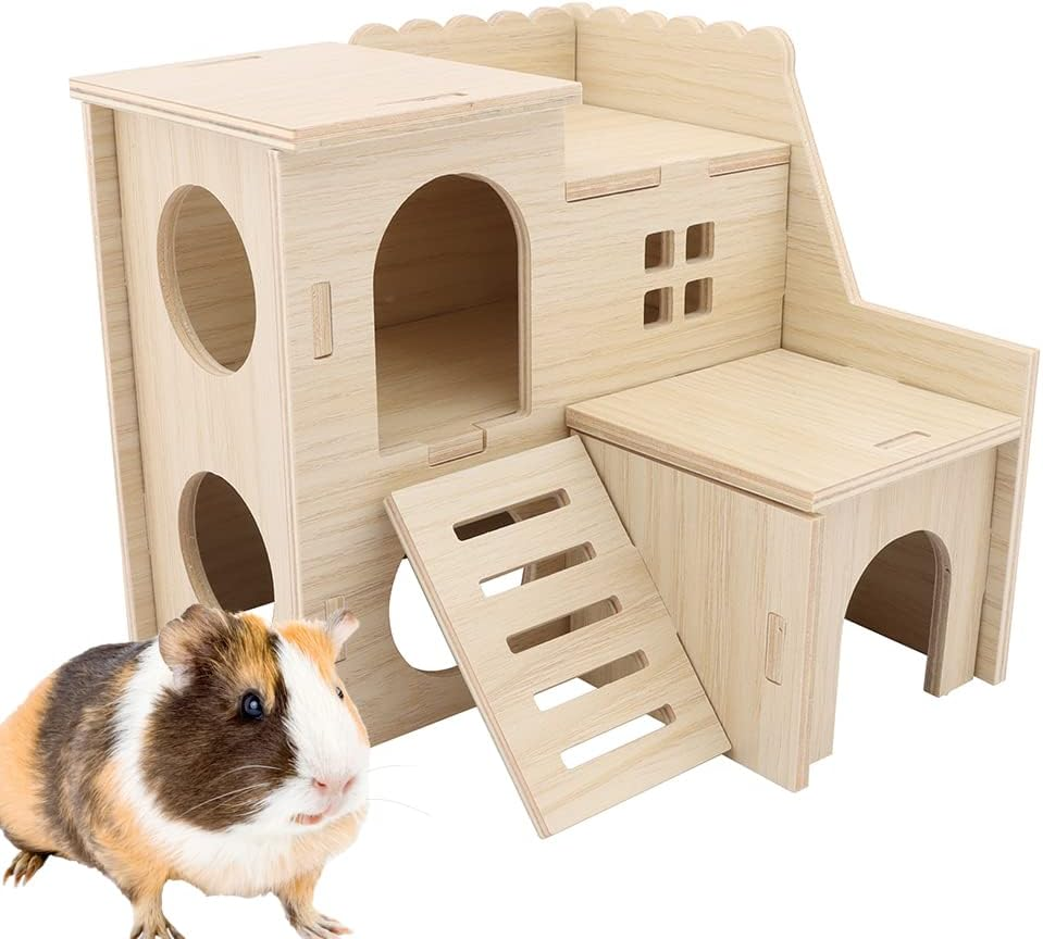Kcrygogo Hamster Maze Wood House Fun Slide House Double-Decker Hut Chew Toys for Dwarf Gerbil Mouse Mice Rat Small Animals
