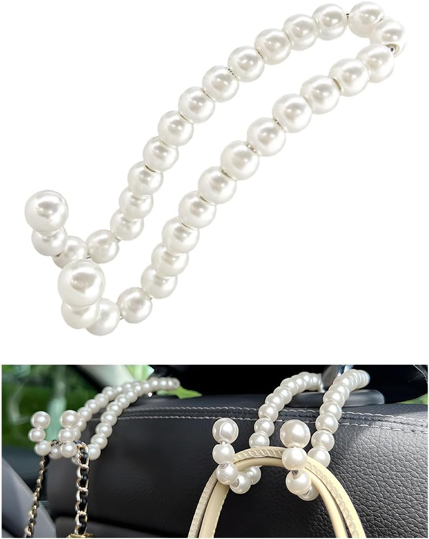 2 PCS Elegant Pearl Car Seat Headrest Hook, Cute Car Seat Hook Hanger Storage Organizer for Handbag Purse, Interior Decoration Headrest Hanger for Women Girls, Car Accessories