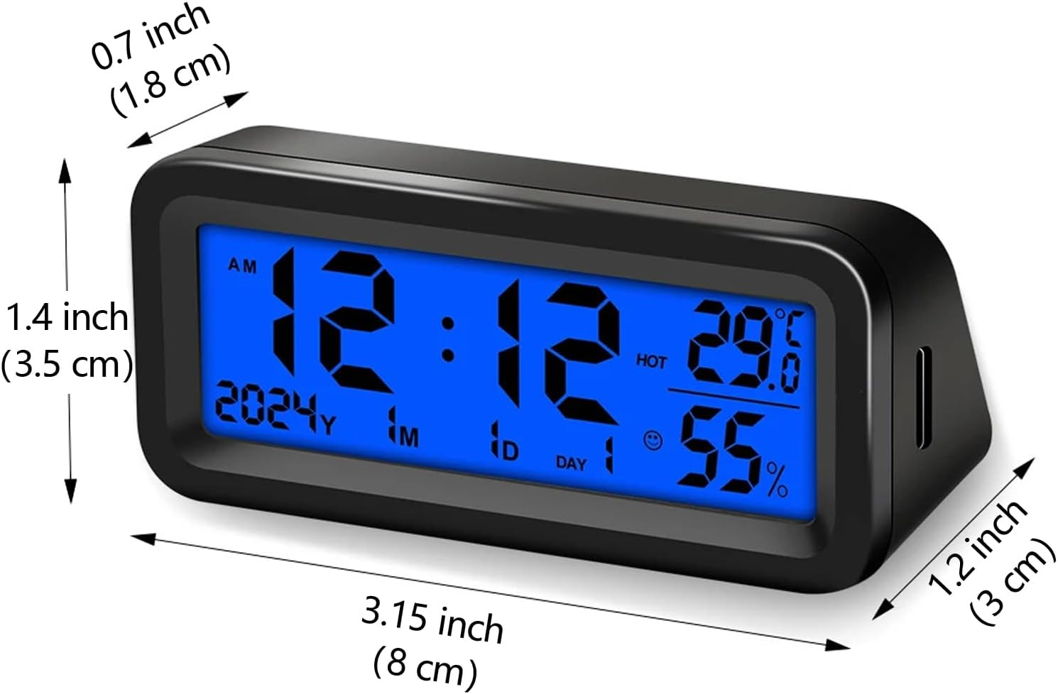 Dashboard Clock with Automatic Backlight at Night(Green & Blue), Temperature and Humidity Monitor, 12/24 Hour Format Time, Calendar, Solar Power and Type C Cable Charging for Car Truck image number 5