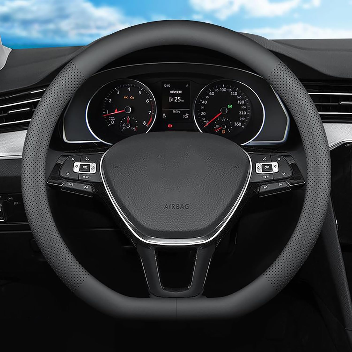 Nappa Leather Car Steering Wheel Cover for 14-15 Inches, Anti-Slip Soft Leather Steering Wheel Cover Full Surround, Universal Breathable O-Shaped, D-Shaped Steering Wheel Protector (Black-D Shaped) image number 5