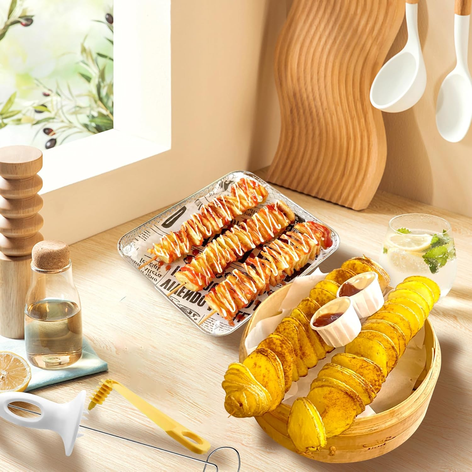 EKIND Tornado Spiral Potato Cutter Manual Slicer, Multi-Function Hand-Cranked Vegetable Spiralizer with 4 Stainless Steel Sticks, Smooth Handle, Anti-Slip Base, for Green Melon, Radish, Spiral Tower image number 2