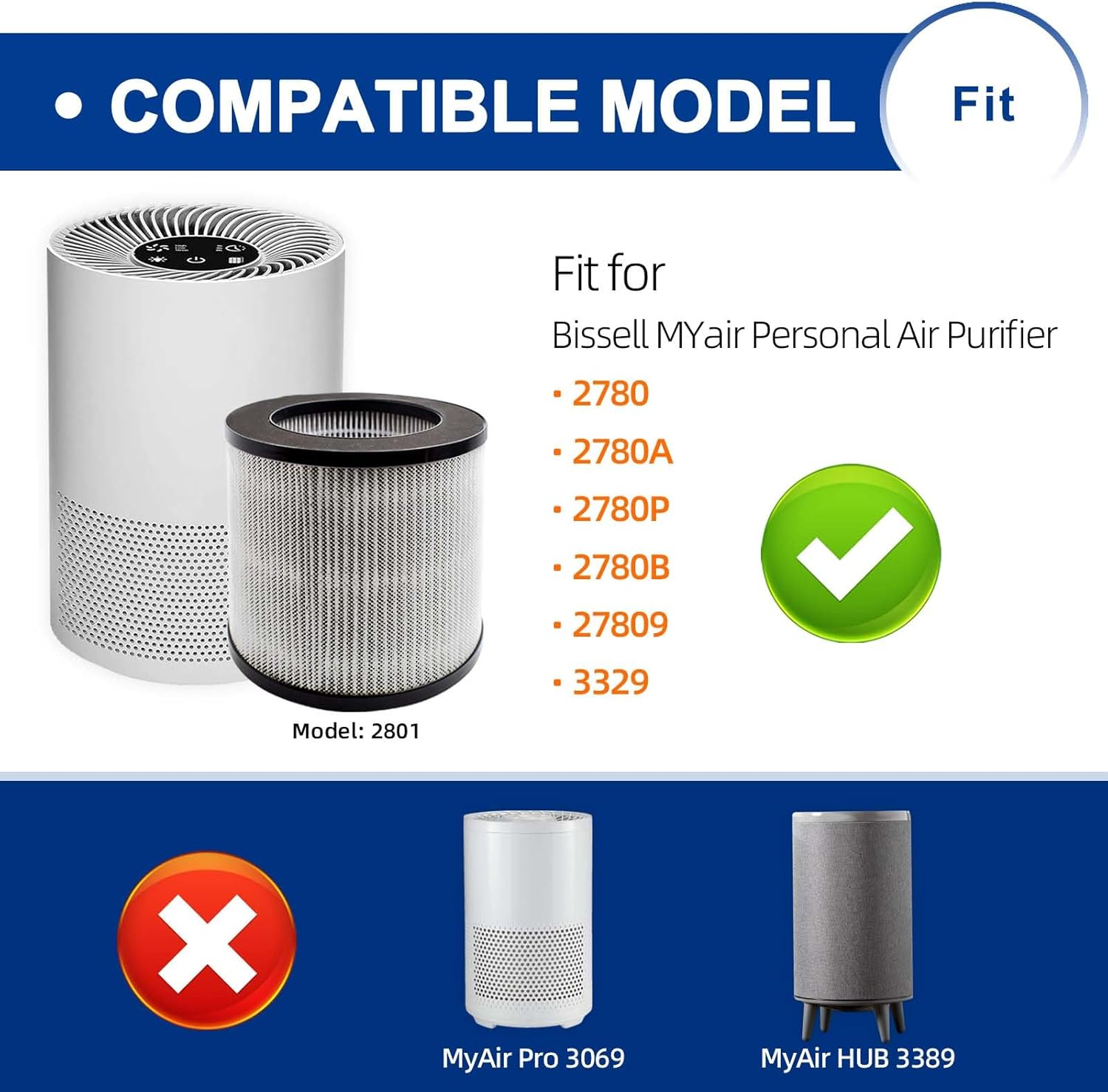 2801 Replacement Filter Compatible with Bissell Myair Personal Air Purifier 2780 2780A 2780B 2780P and 27809 - Compare to My Air Part 2801, High Efficiency Activated Carbon Filters (2 Pack) image number 4