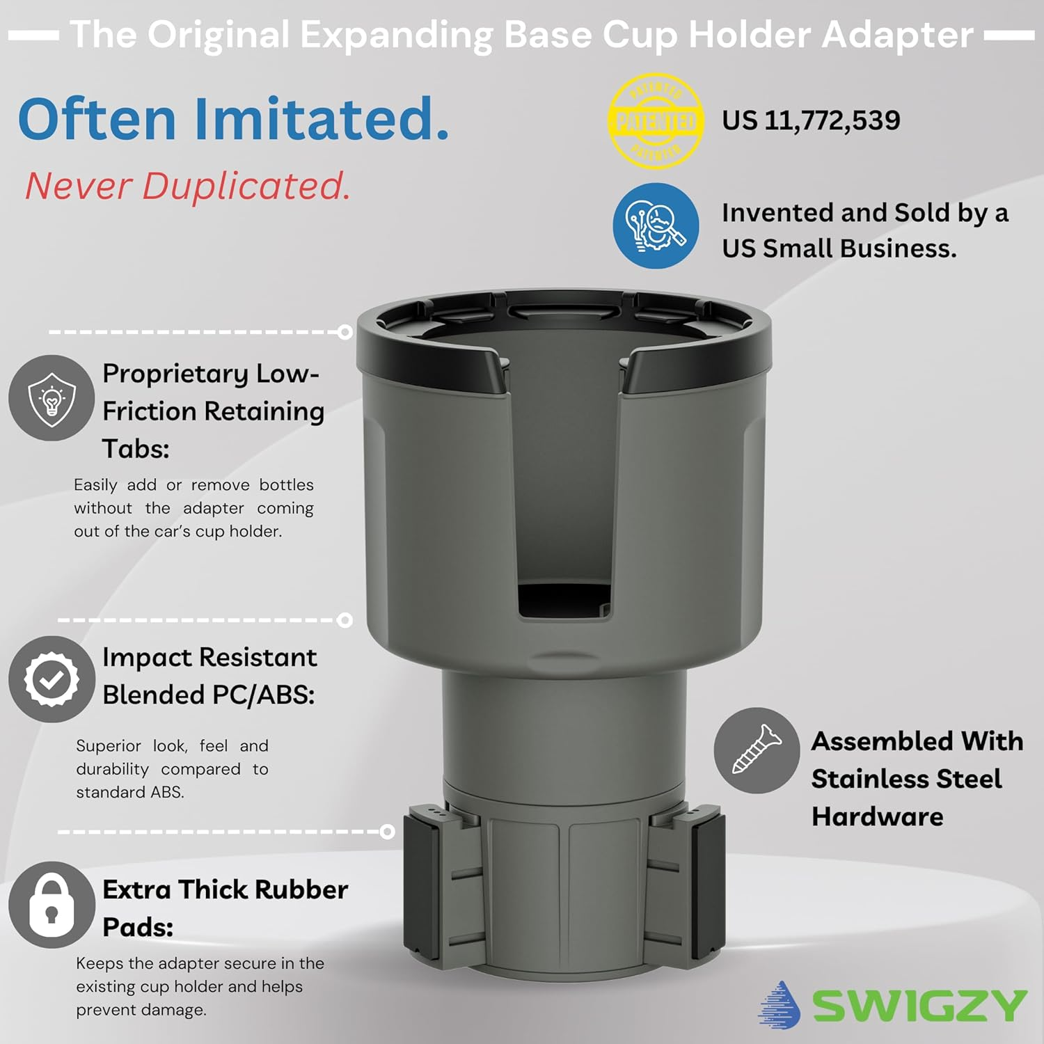 Swigzy Car Cup Holder Expander Adapter (Adjustable) - Holds Hydro Flask, Yeti, Nalgene, Large 32/40 Oz. Bottles & Big Drinks - Gray