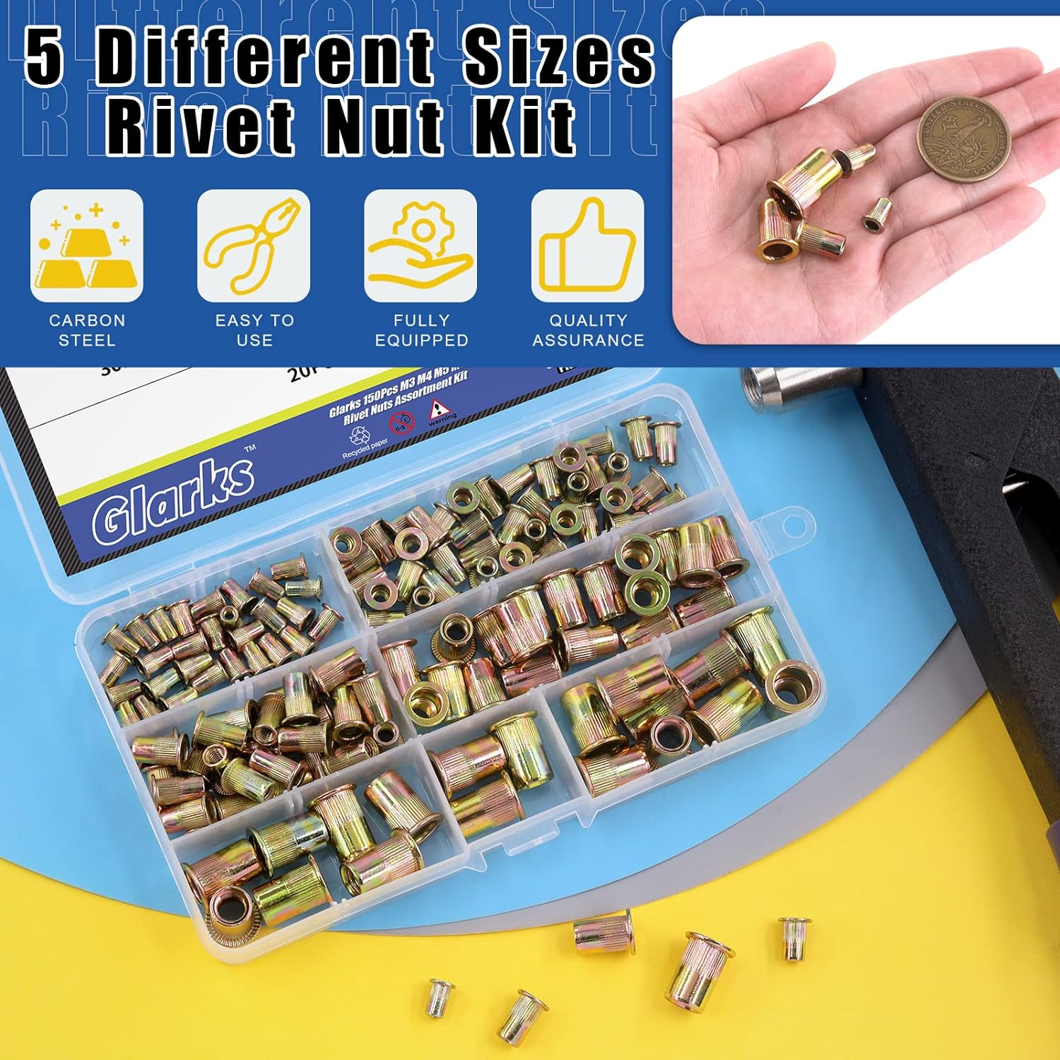 Glarks 156Pcs Rivet Nut Tool with Mandrel and Rivet Nut Kit, Threaded Insert Hand Riveter Nutsert Tool Rivet Gun with 5Pcs Metric Mandrels and 150Pcs Blind Rivet Nuts M3 M4 M5 M6 M8 image number 2