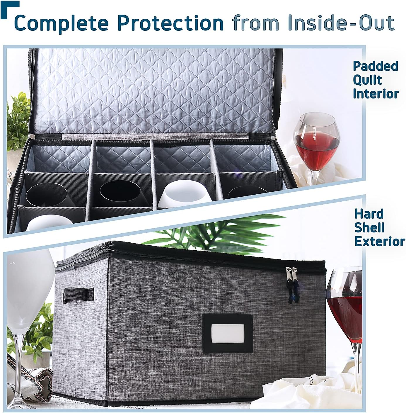 Wine Glass Storage Box with Dividers, Quilted and Stackable Stemware Storage Cases, Service of 12 Glassware Storage Containers, China Storage Containers Hard Shell for Moving and Seasonal Storage image number 2