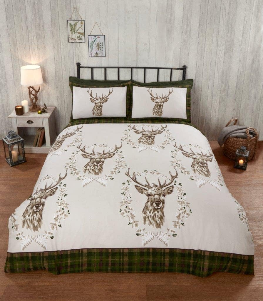 Rapport Home 100% Brushed Cotton Flannelette Angus STAG Winter Duvet Quilt Cover Bedding Set (Single, Grey)