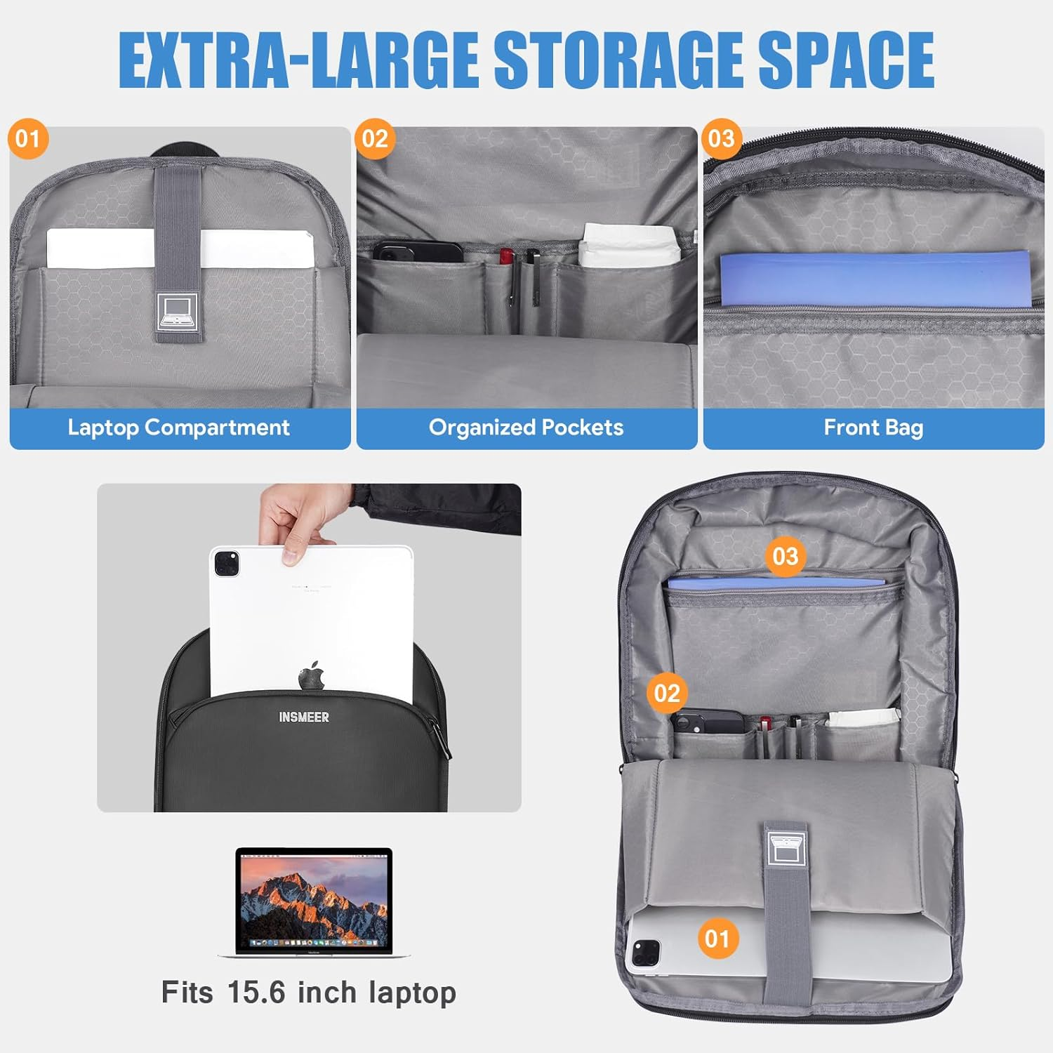 INSMEER Expandable Laptop Backpack for Men, Portable Computer Backpacks with Waterproof & Lightweight, Travel Backpack and School Bag for Business - 15.6 Inch Laptop Bag image number 4