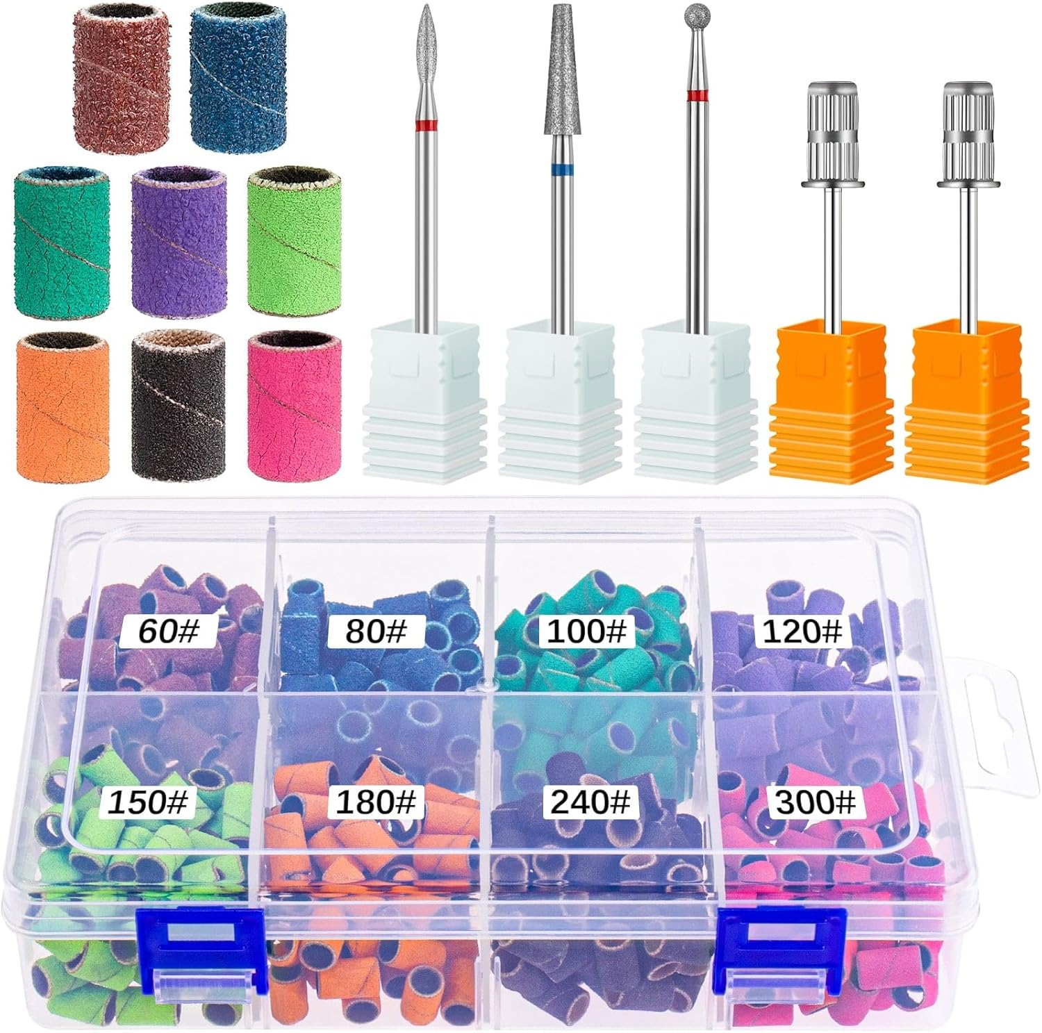 Rolybag Sanding Bands for Nail Drill 240 Pieces 3 Color Coarse Fine Grit Efile Sand Set 80#120#180#240#,2 Pieces 3/32 Inch Nail Drill Bits for Manicures and Pedicures image number 1