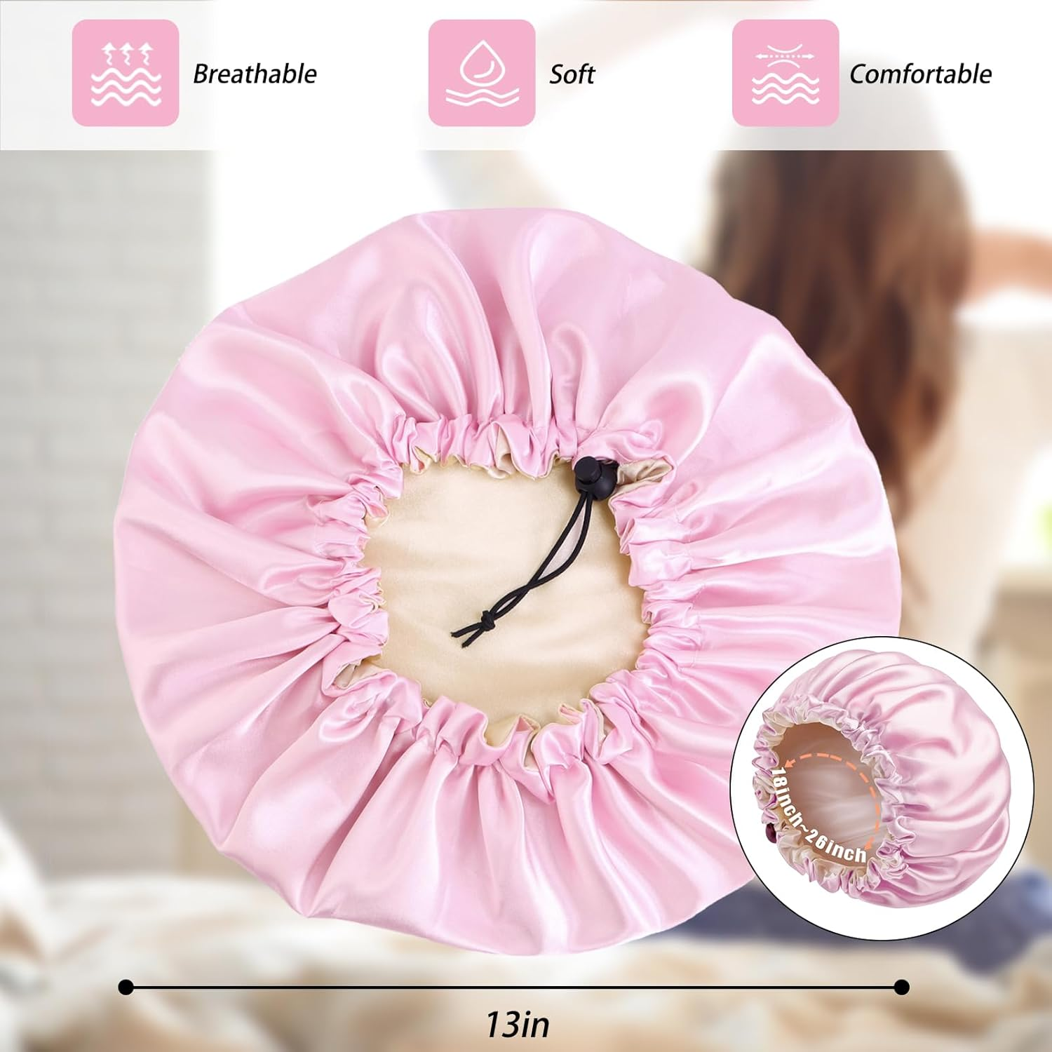 Edoneery Women'S Pink Satin Bonnet for Curly, Braided Hair; Sleeping Bonnets; Size 18-26 Inches; Adjustable Toggle; Classic Style image number 3