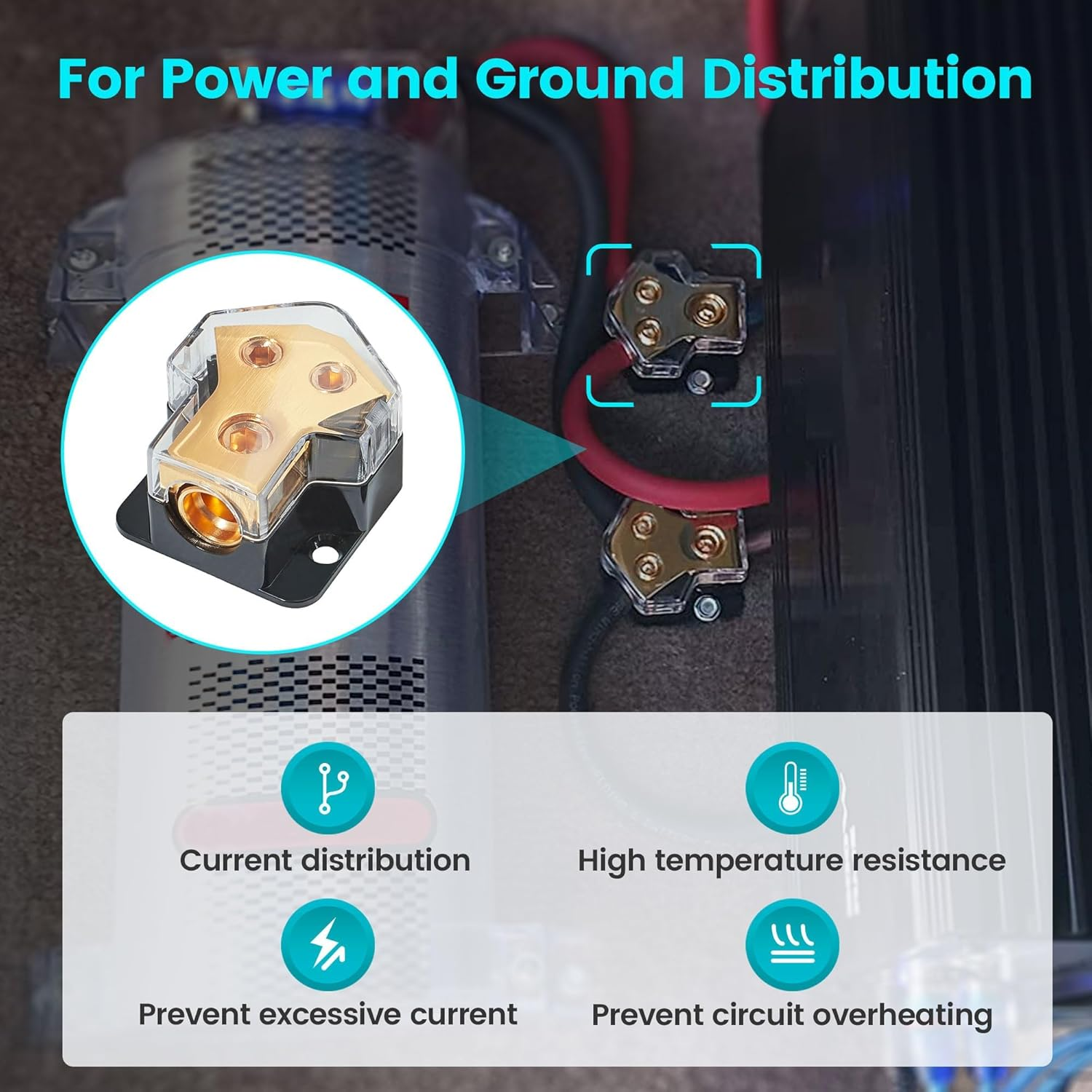 Nuith 2PCS 2-Way Copper Power Distribution Block, 0/2/4 Gauge in 4/8 Gauge Out Auto Car Audio Distribution Connecting Block, 2 Way Ground Distribution Block Copper for Audio Amplifier Splitter image number 1