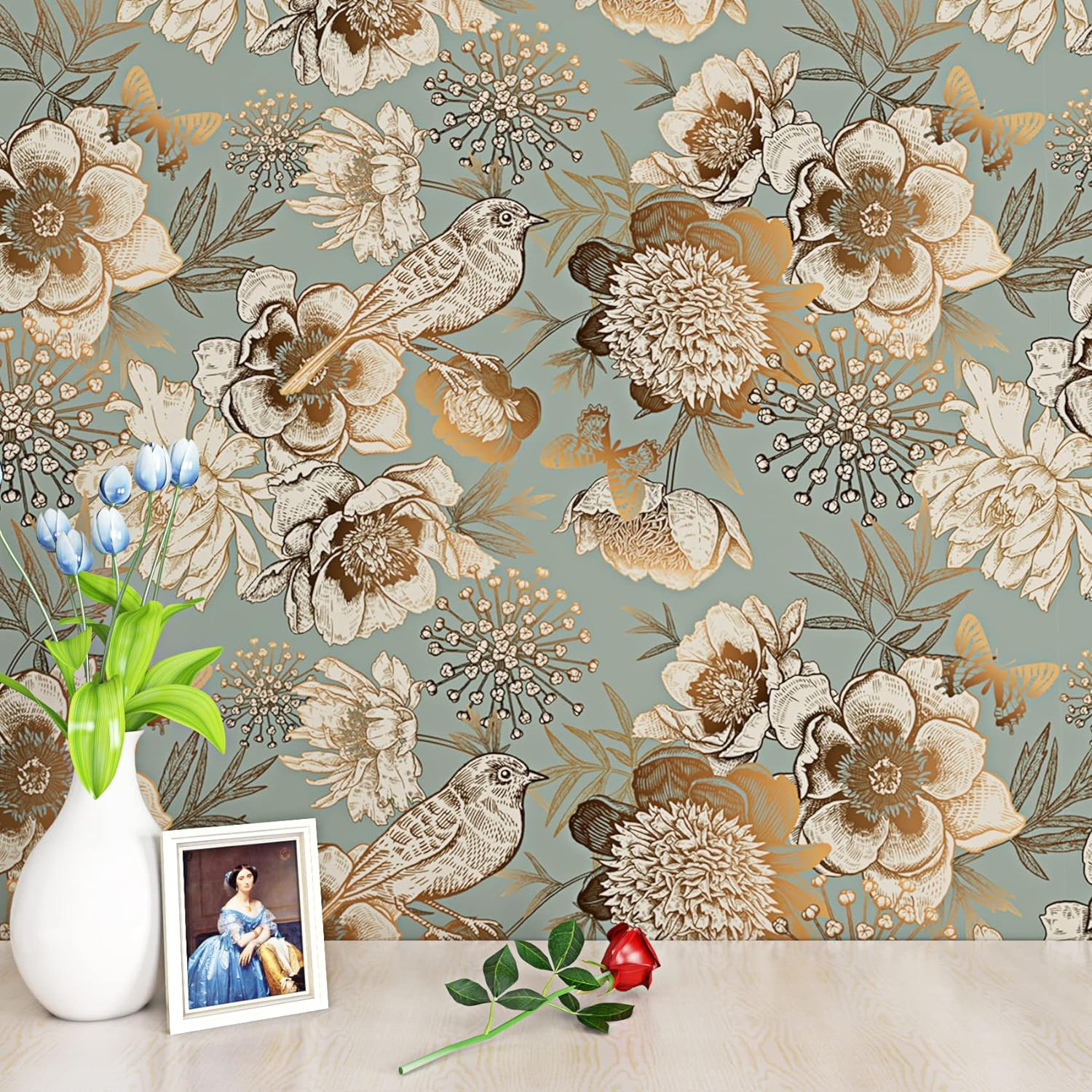 Rewallpaper Vintage Gold Floral Wallpaper Garden Bird Flower Peel and Stick Wallpaper for Bedroom Accent Wall 17.5In X 10Ft Dark Cyan Teal Contact Paper for Cabinets Peel & Stick Vinyl Wall Paper image number 3