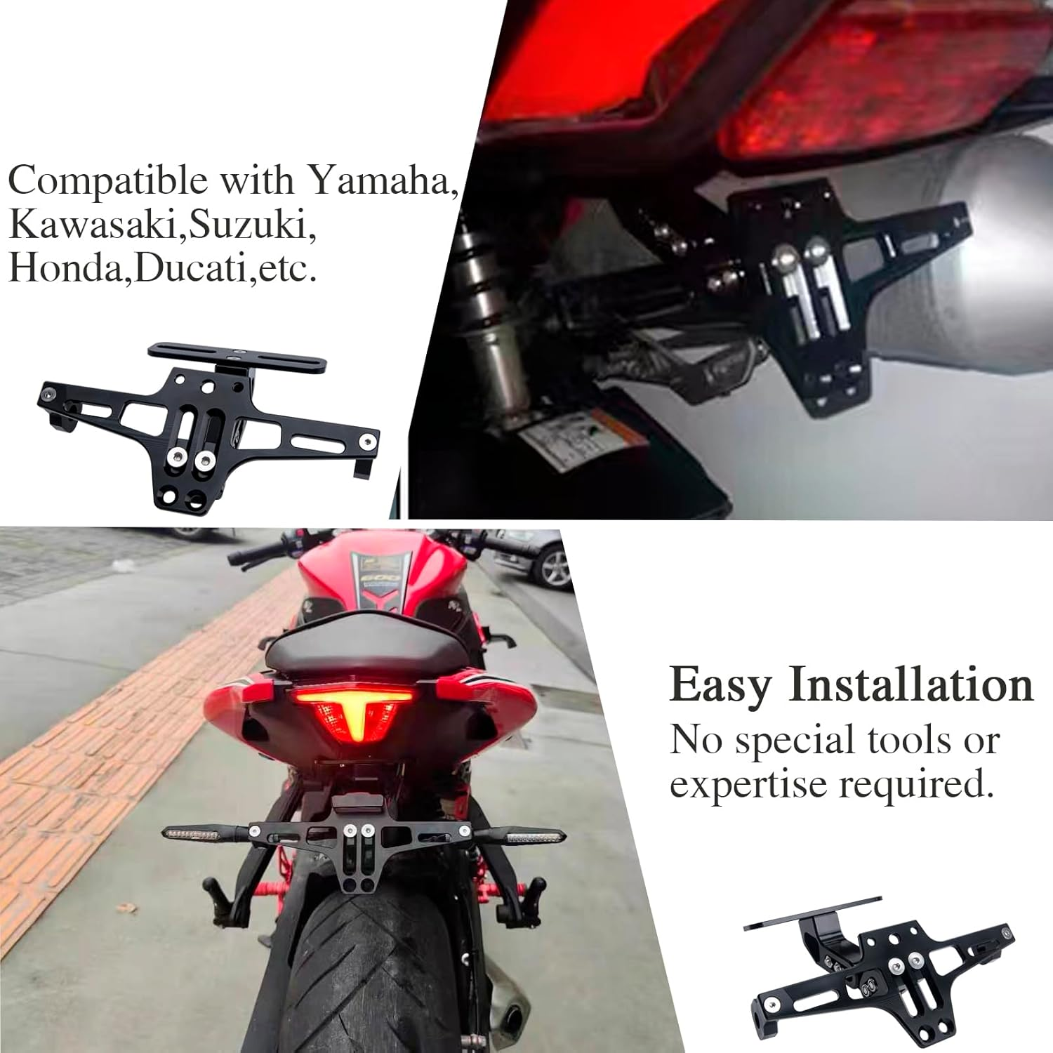 Motorcycle License Plate Bracket, Universal Fender Eliminator Kit Tail Tidy Compatible with Suzuki Yamaha Kawasaki Ducati Honda BMW (Black)